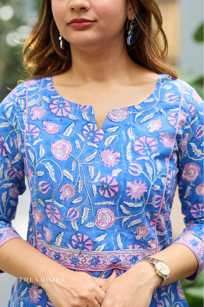 Periwinkle Blue Cotton Suit Set with Kota Dupatta