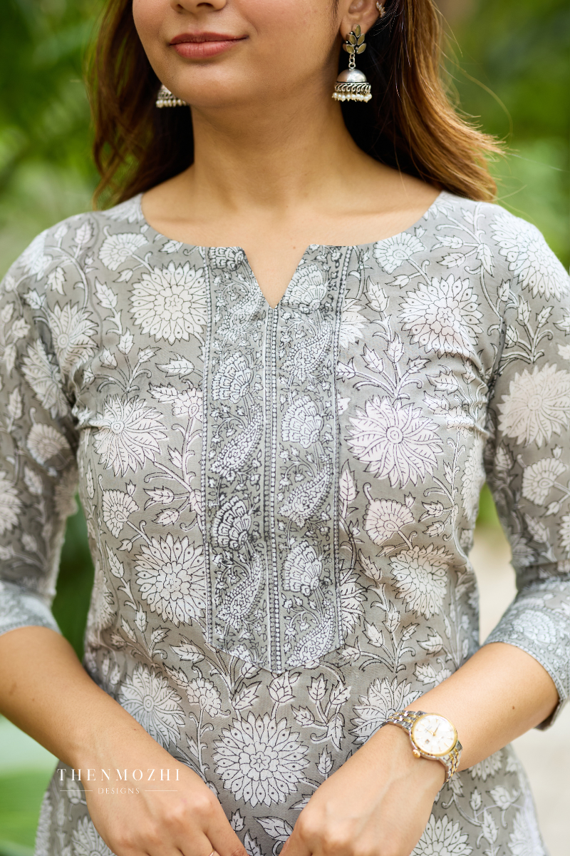 Ash Grey Cotton Suit Set with Kota Dupatta