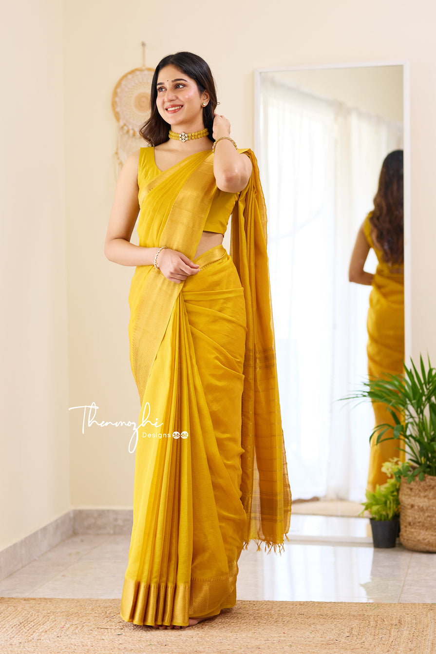 Dazzling Yellow Handwoven Mangalagiri Silk Cotton Saree