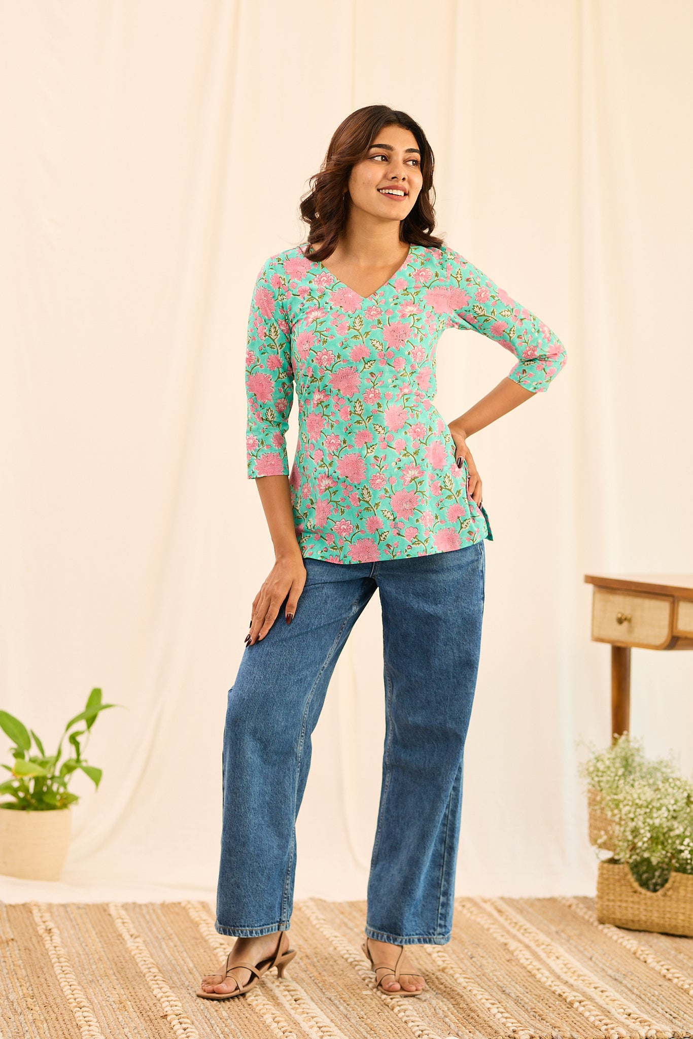 Pastel Turquoise with Pink Floral Printed Cotton Short Kurti