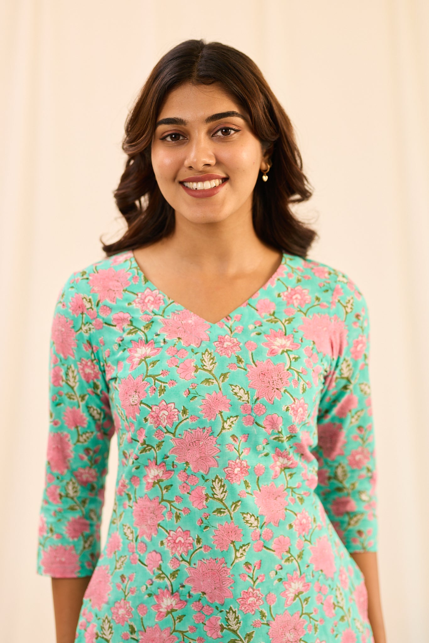 Pastel Turquoise with Pink Floral Printed Cotton Short Kurti