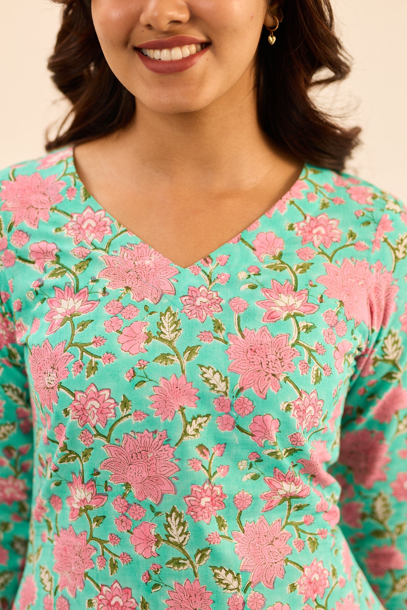 Pastel Turquoise with Pink Floral Printed Cotton Short Kurti