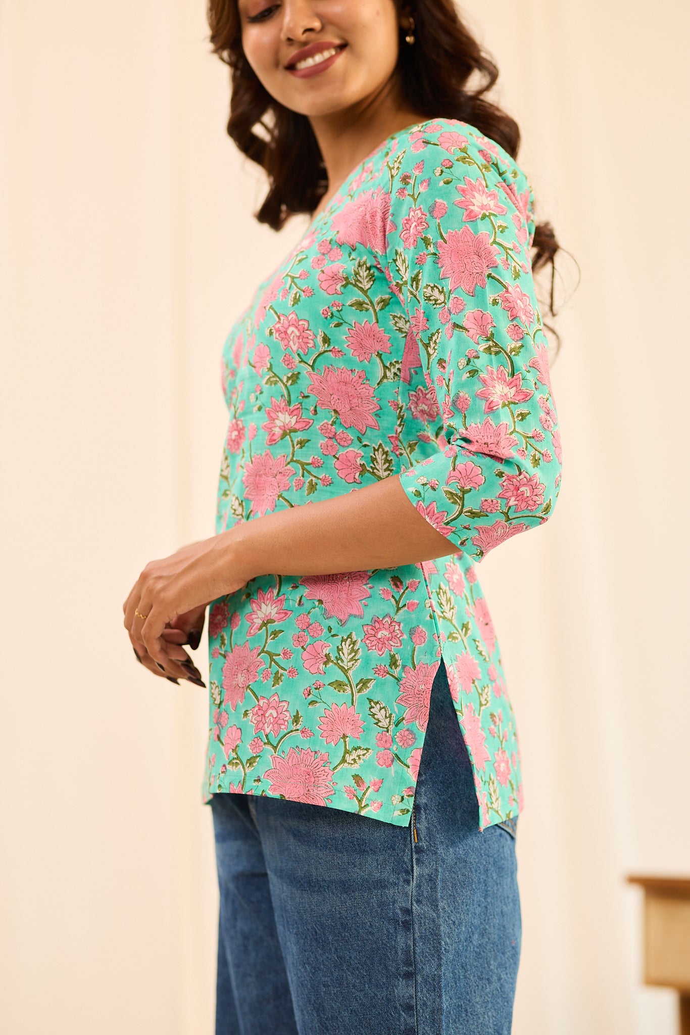 Pastel Turquoise with Pink Floral Printed Cotton Short Kurti