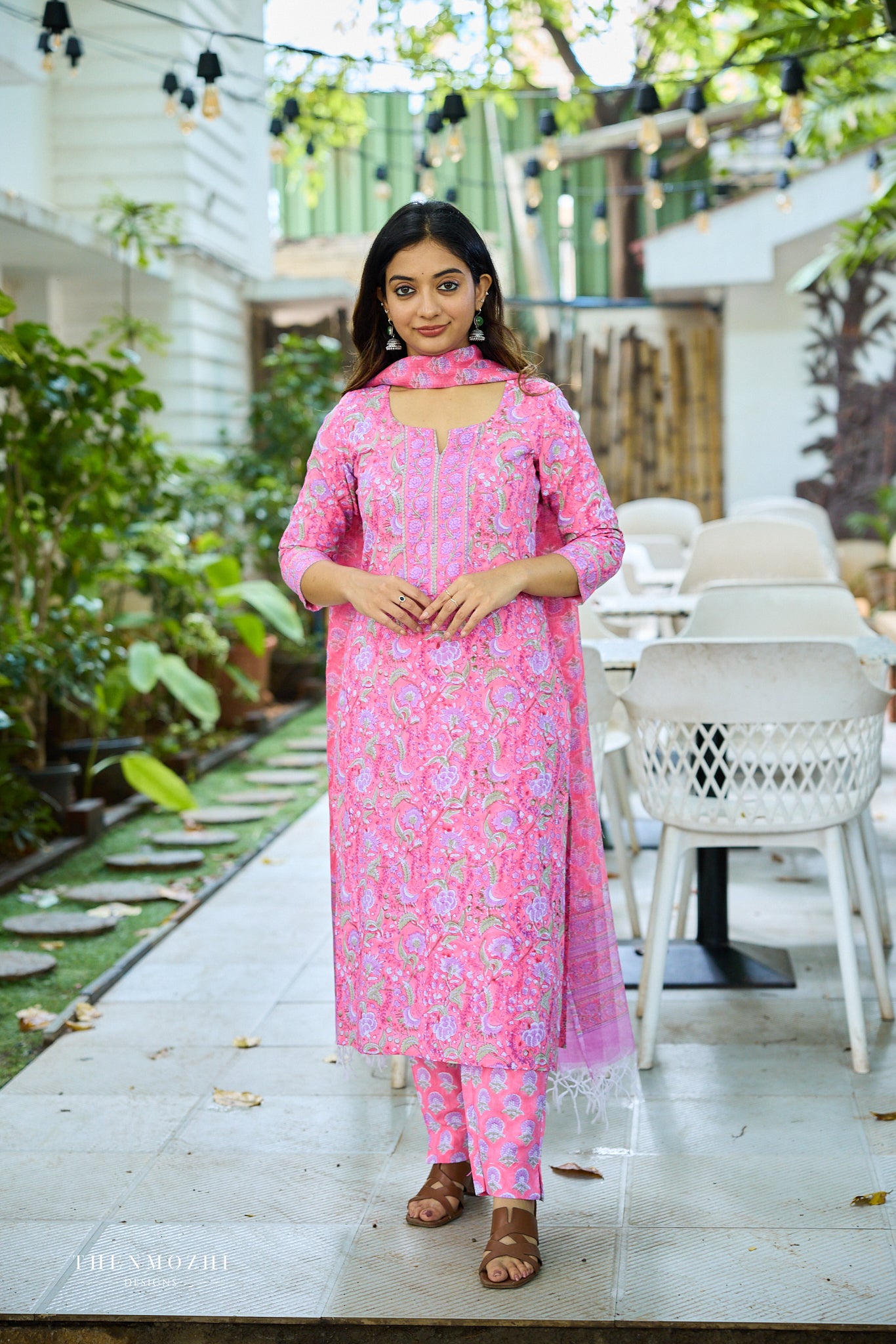 Light Deep Pink Floral Block Printed Cotton Suit Set with Kota Dupatta