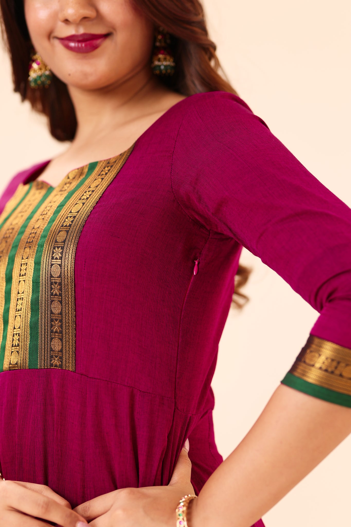 Magenta and Green Chettinad Cotton Anarkali Top and Dupatta