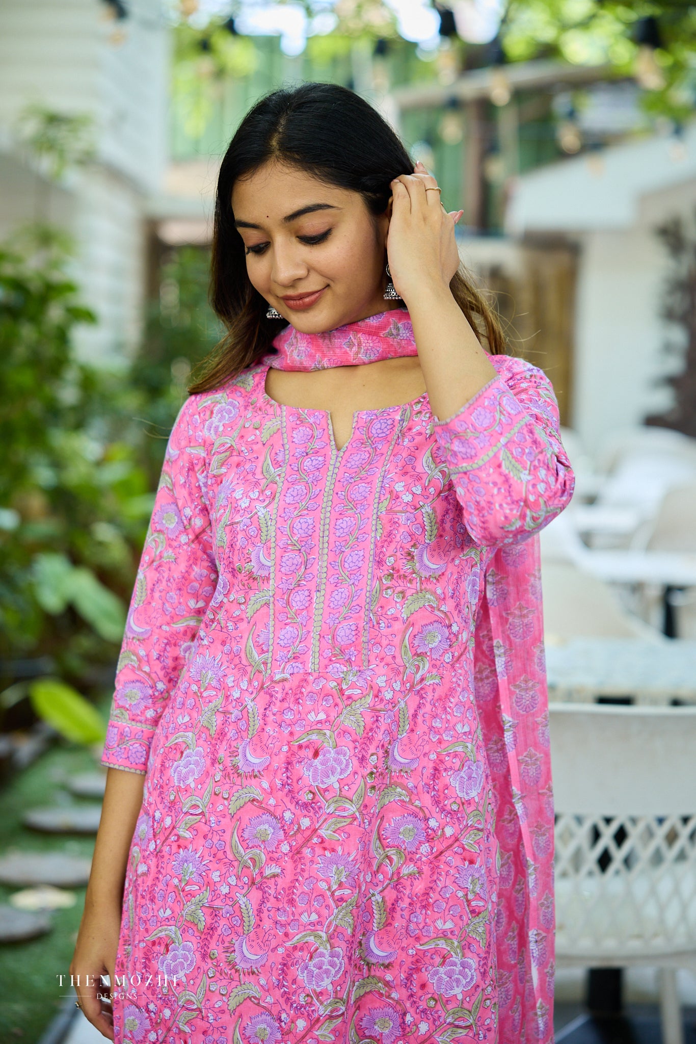 Light Deep Pink Floral Block Printed Cotton Suit Set with Kota Dupatta