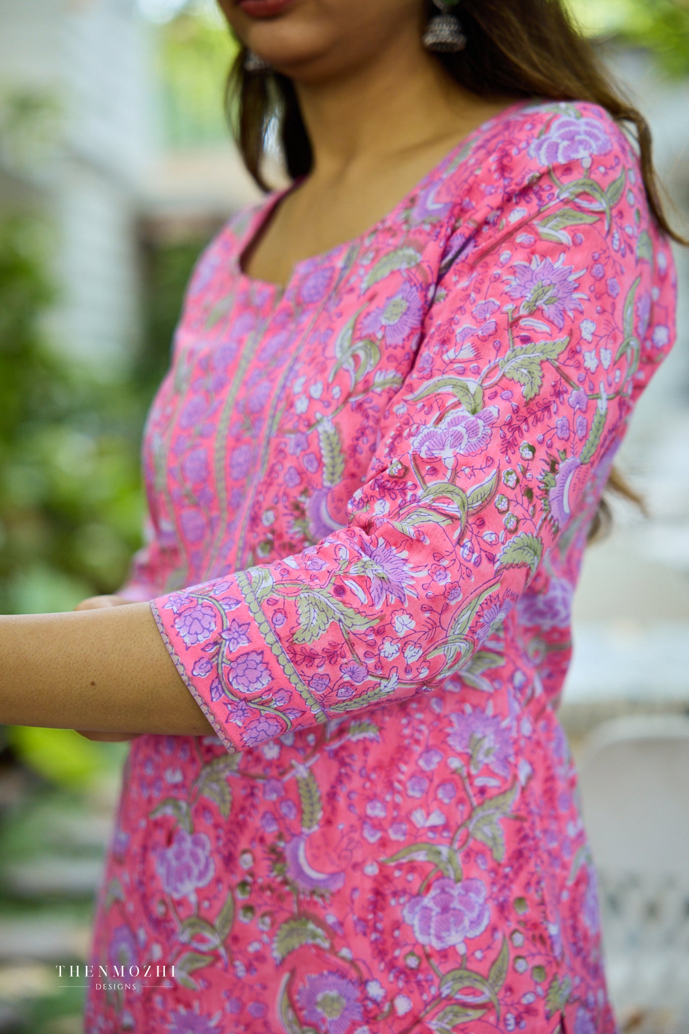 Light Deep Pink Floral Block Printed Cotton Suit Set with Kota Dupatta