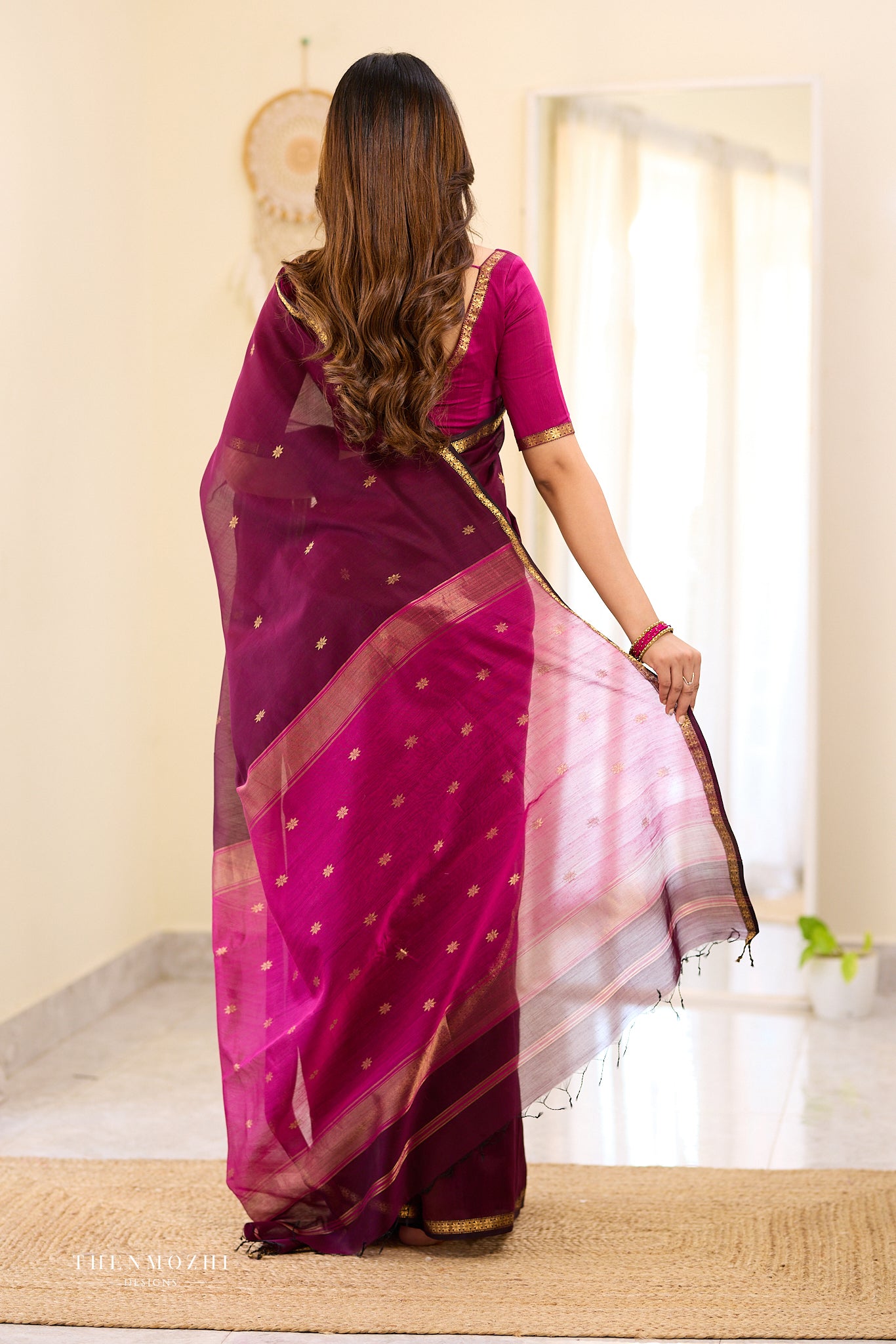 Deep Wine and Magenta Maheshwari Silk Cotton Saree