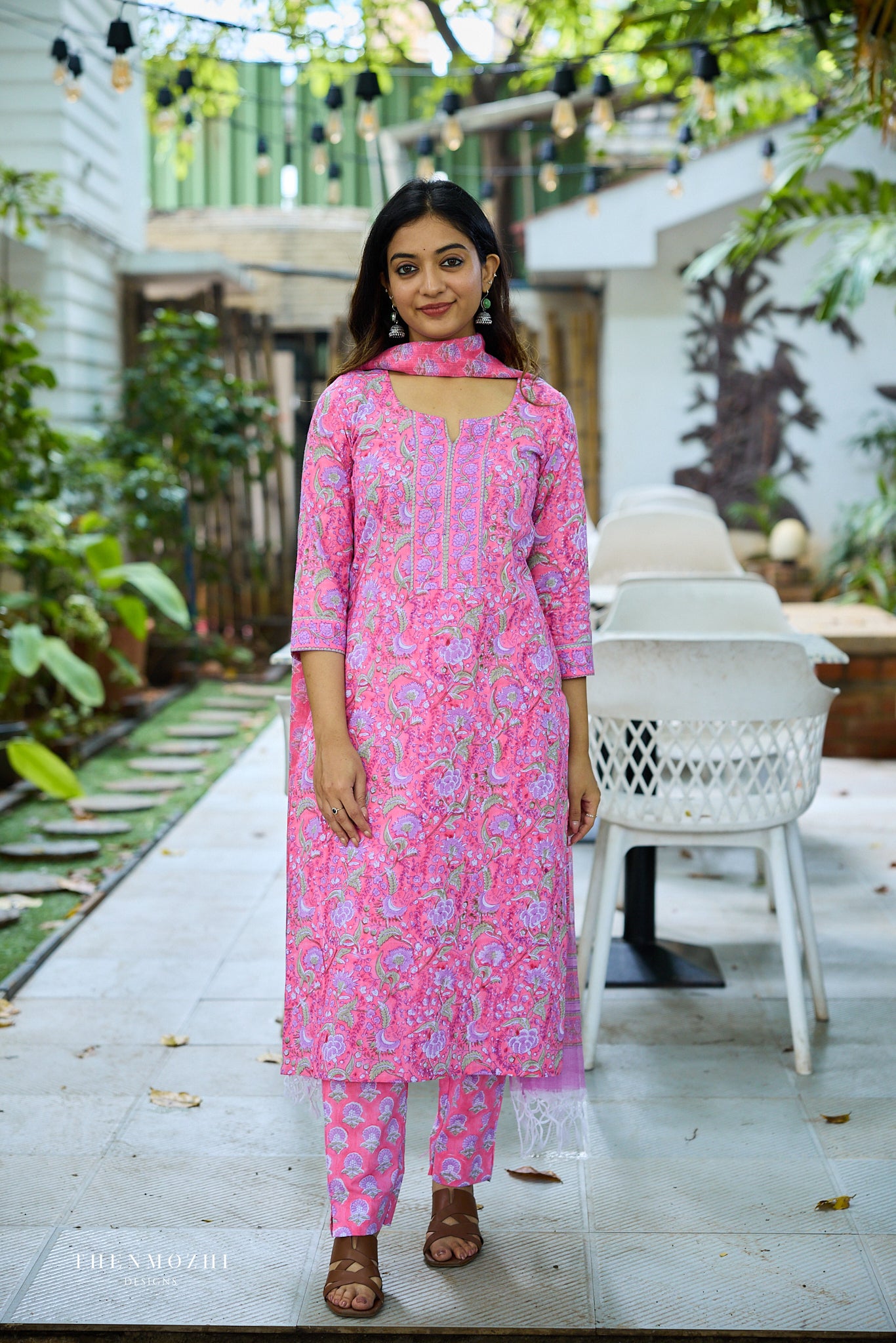 Light Deep Pink Floral Block Printed Cotton Suit Set with Kota Dupatta
