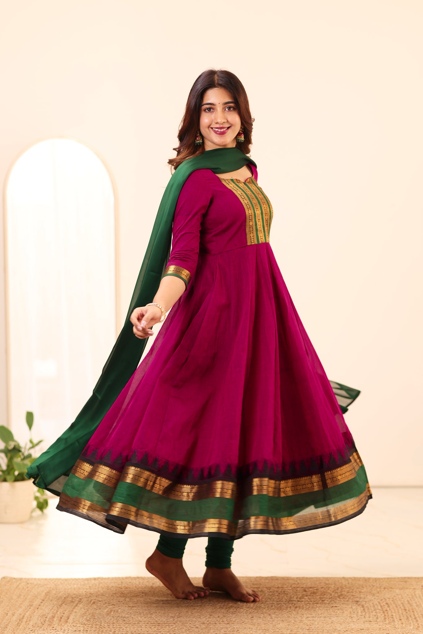 Magenta and Green Chettinad Cotton Anarkali Top and Dupatta