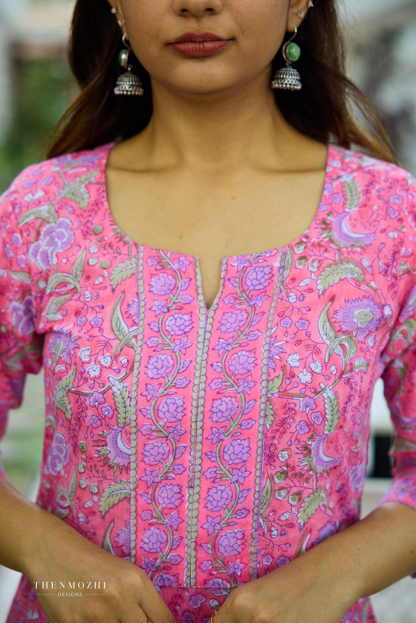 Light Deep Pink Floral Block Printed Cotton Suit Set with Kota Dupatta