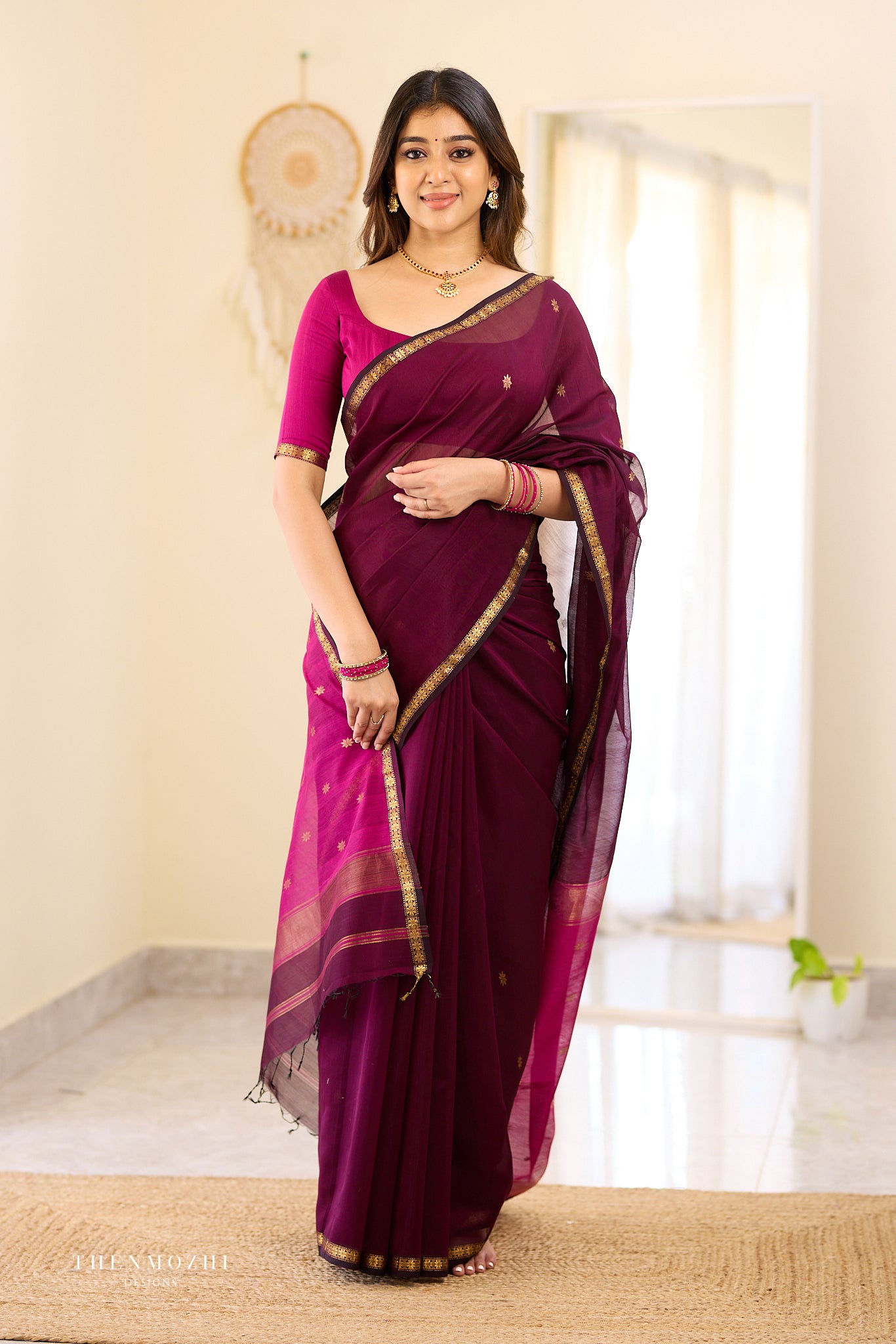 Deep Wine and Magenta Maheshwari Silk Cotton Saree