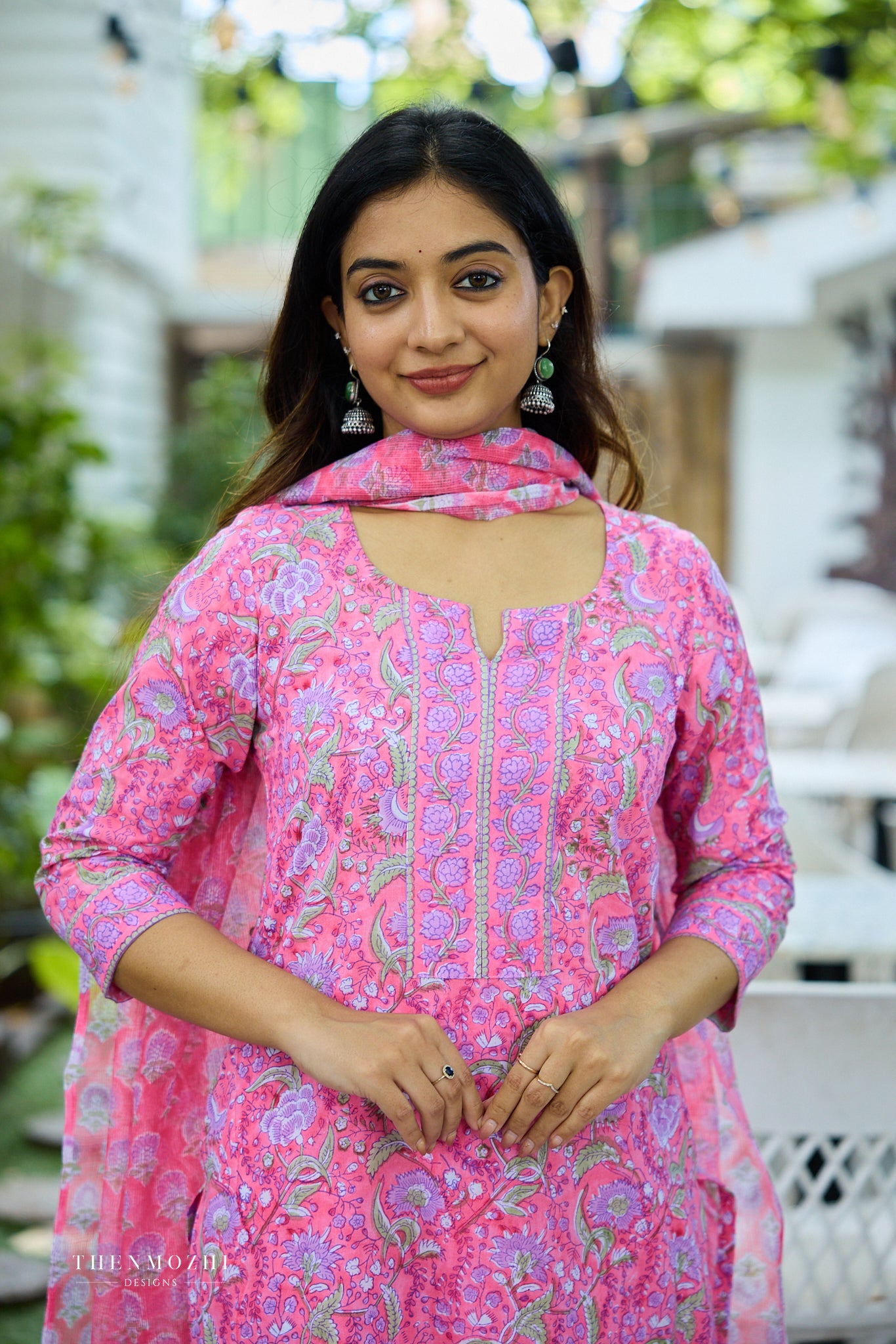 Light Deep Pink Floral Block Printed Cotton Suit Set with Kota Dupatta