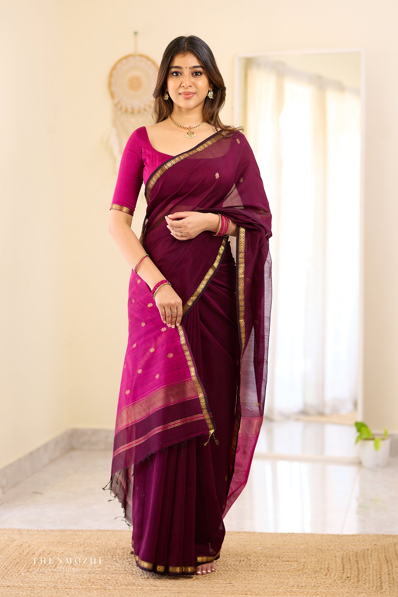 Deep Wine and Magenta Maheshwari Silk Cotton Saree