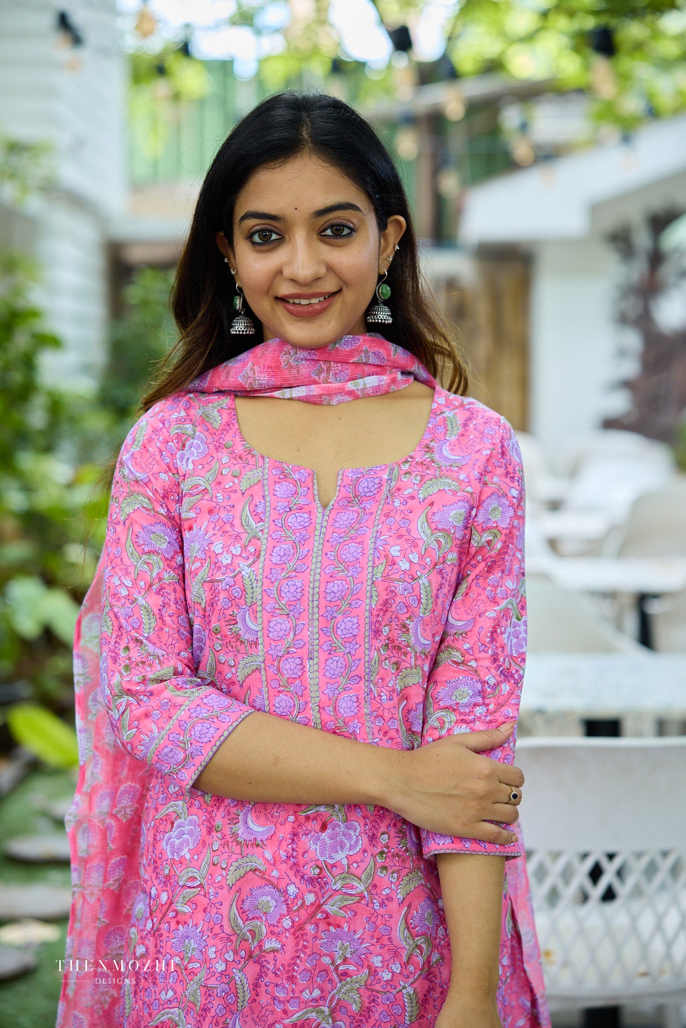 Light Deep Pink Floral Block Printed Cotton Suit Set with Kota Dupatta