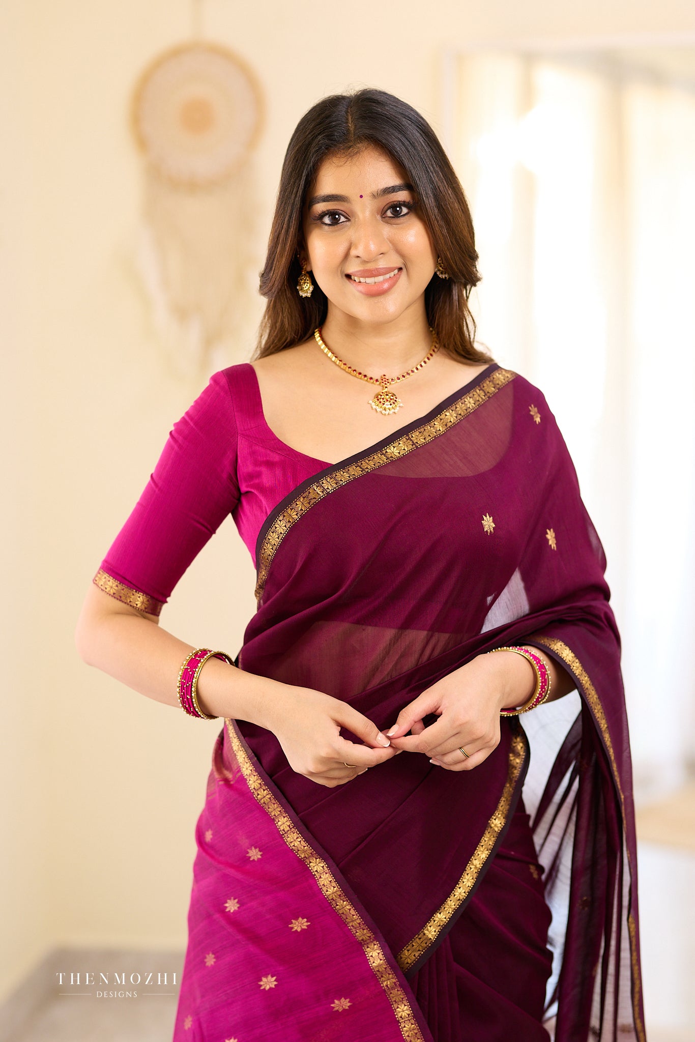 Deep Wine and Magenta Maheshwari Silk Cotton Saree