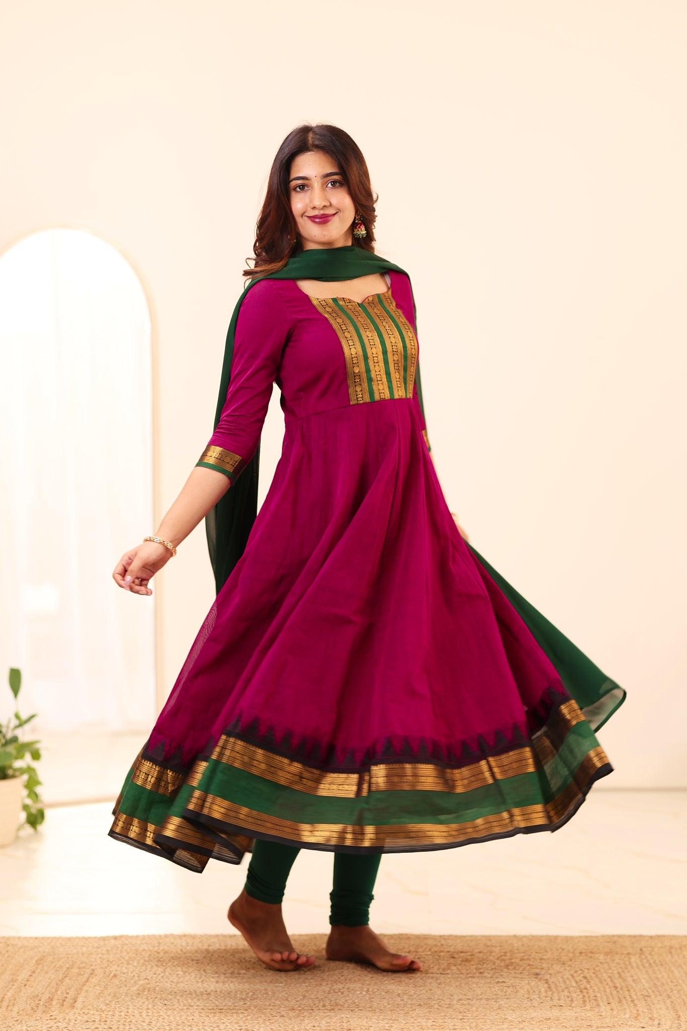 Magenta and Green Chettinad Cotton Anarkali Top and Dupatta