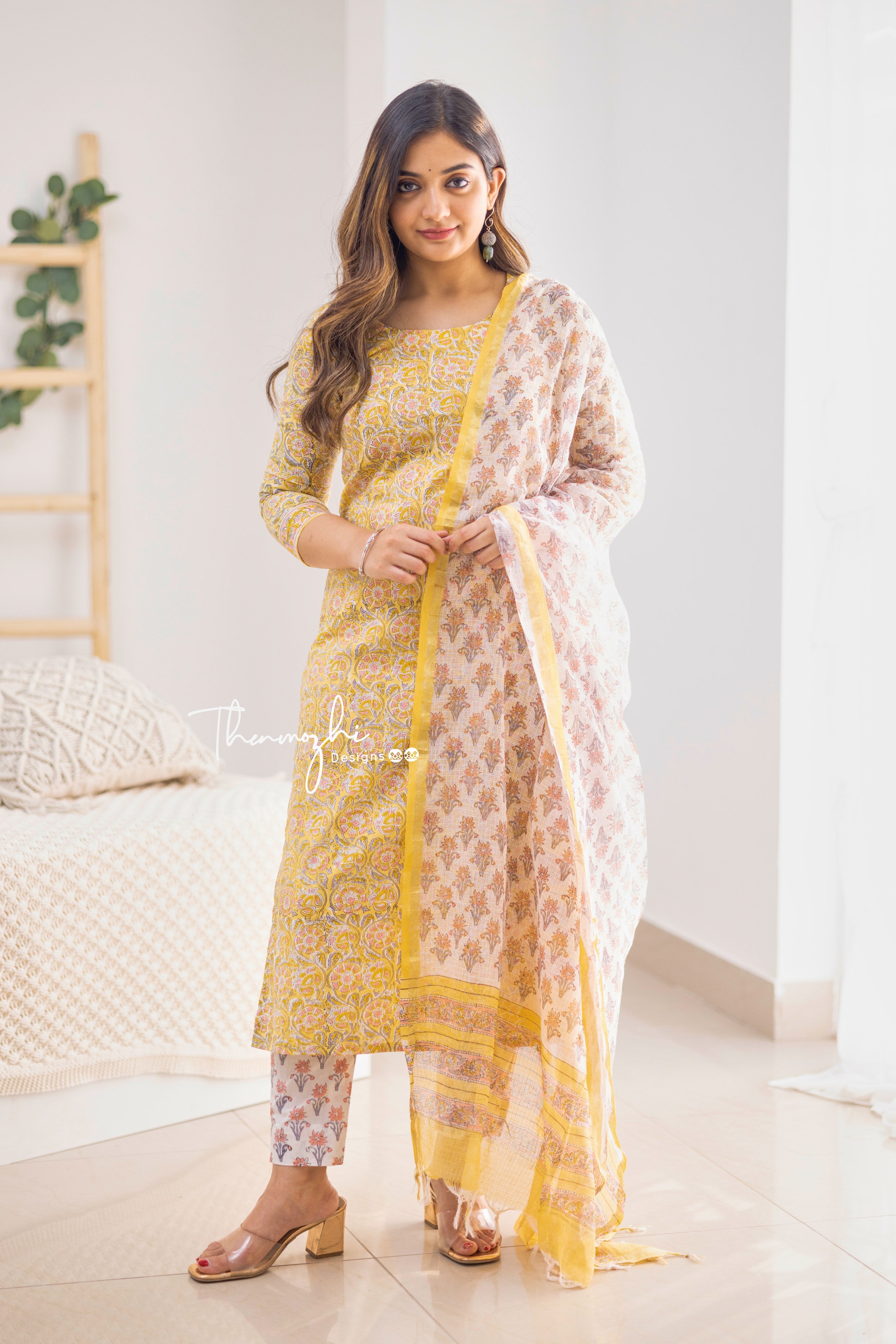 Lilly - Yellow Cotton Suit Set With Kota Dupatta