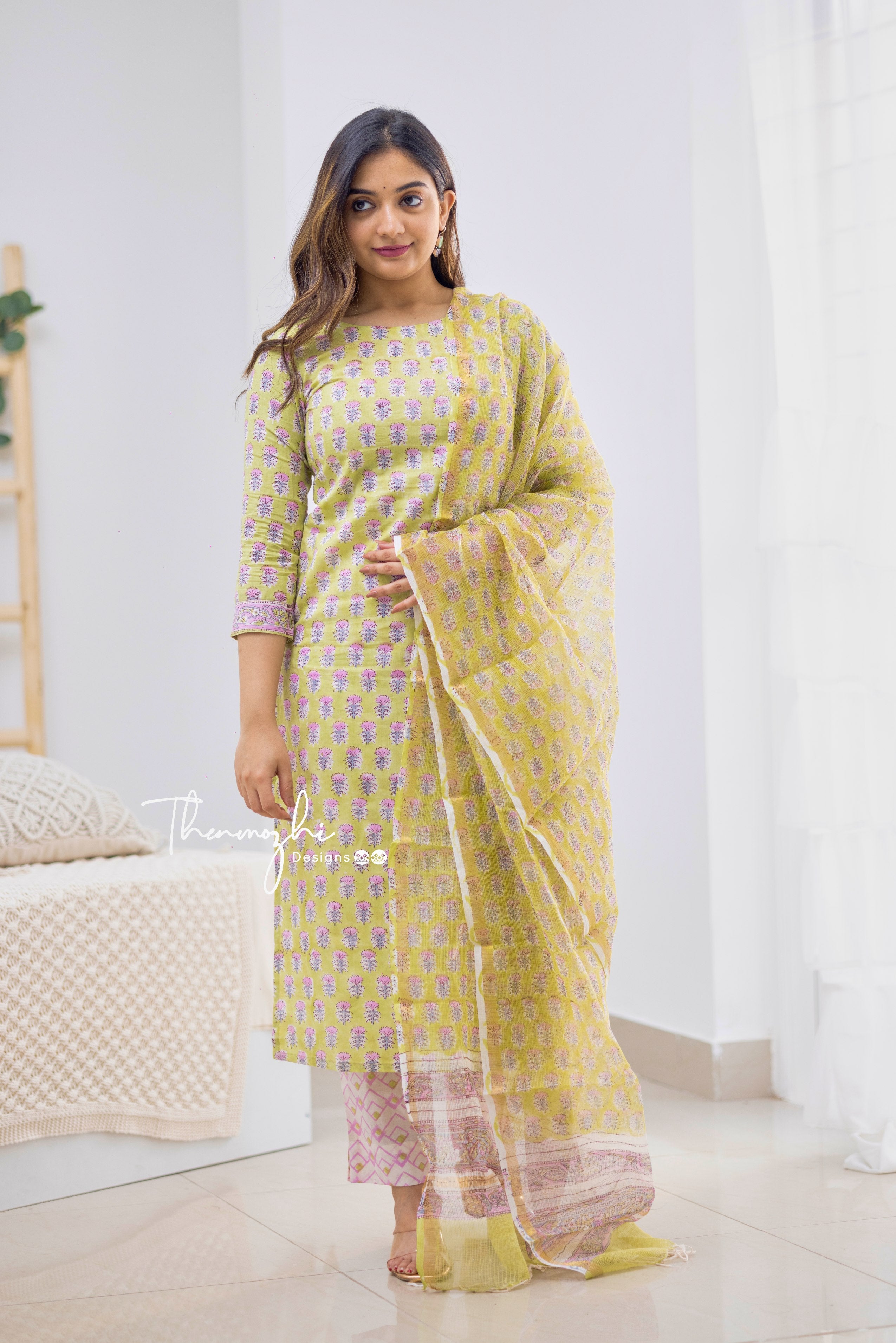 Divya - Green Cotton Suit Set With Kota Dupatta