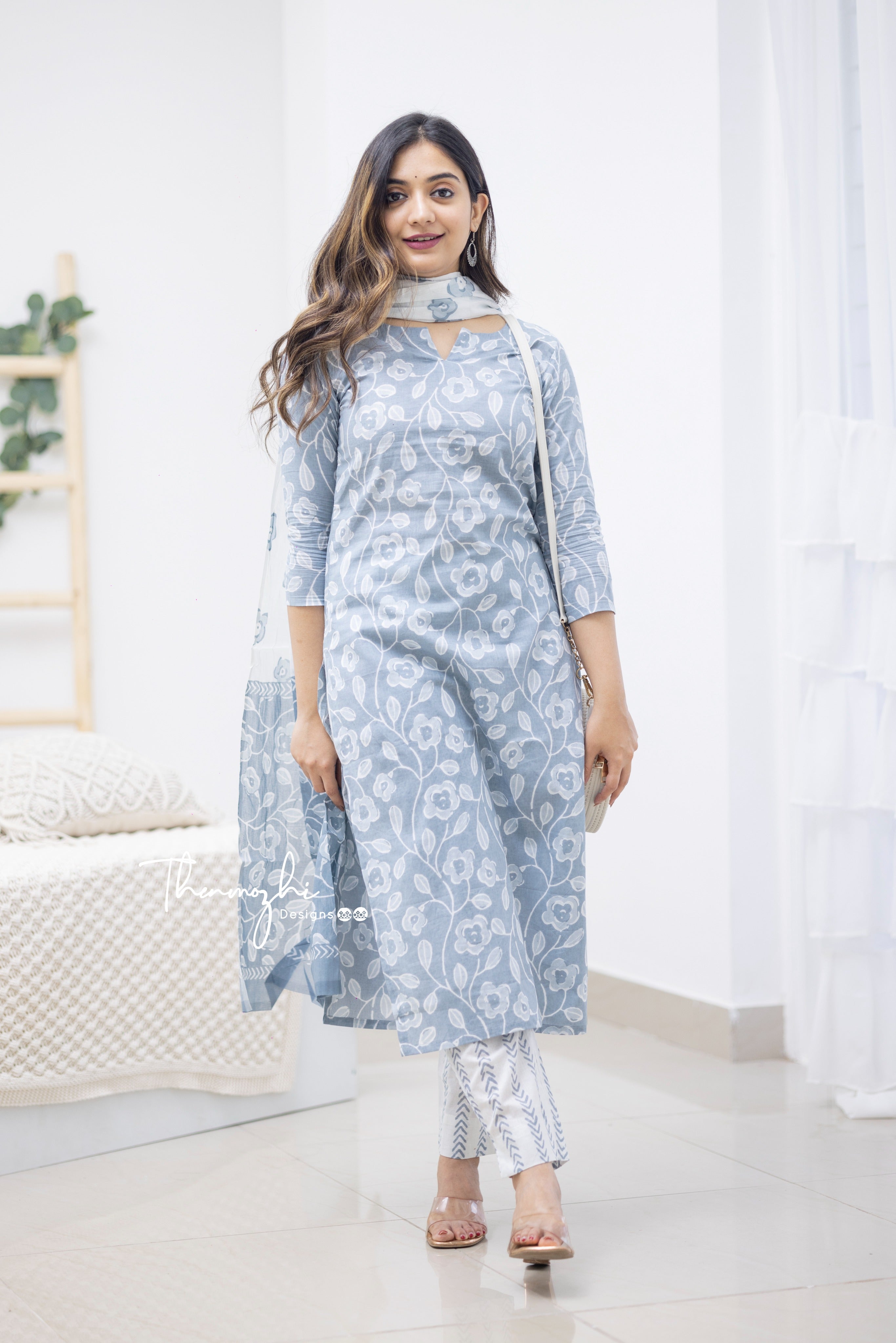 Priya -Grey Cotton Suit Set With Cotton Dupatta