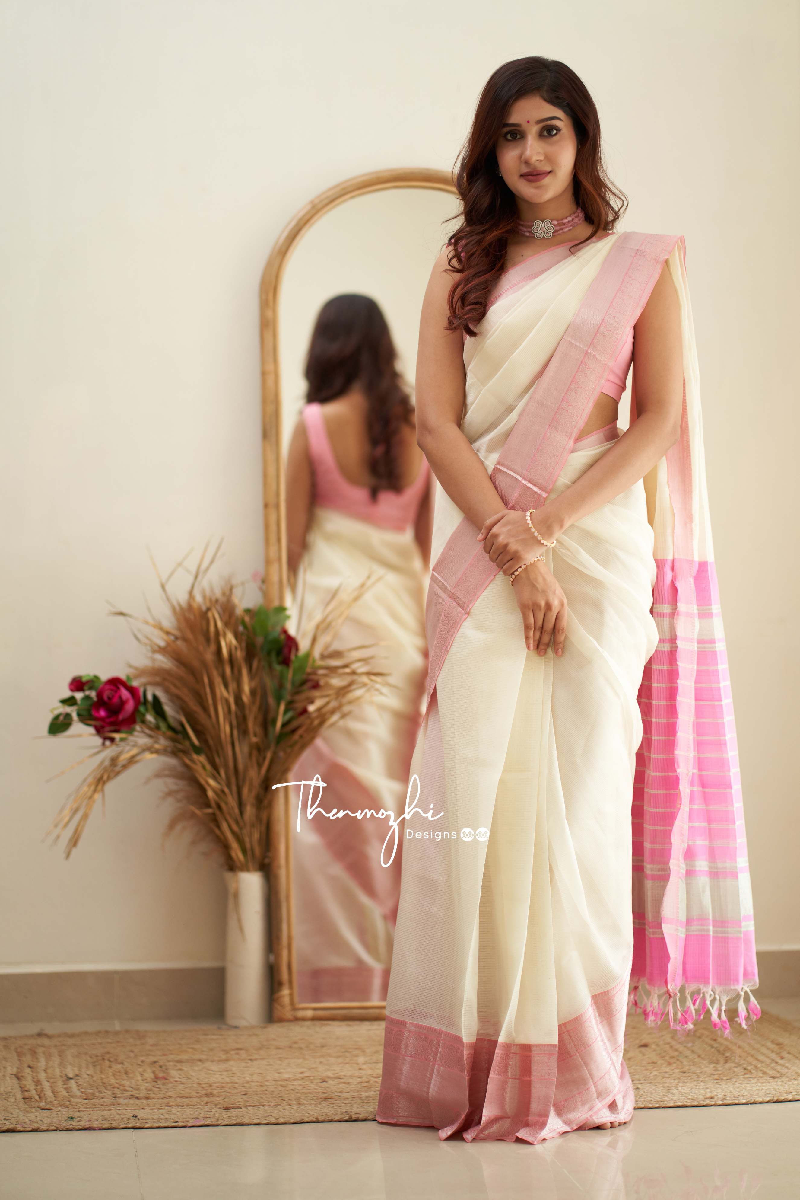White & Carnation Pink - White Mangalagiri Silk Cotton Saree