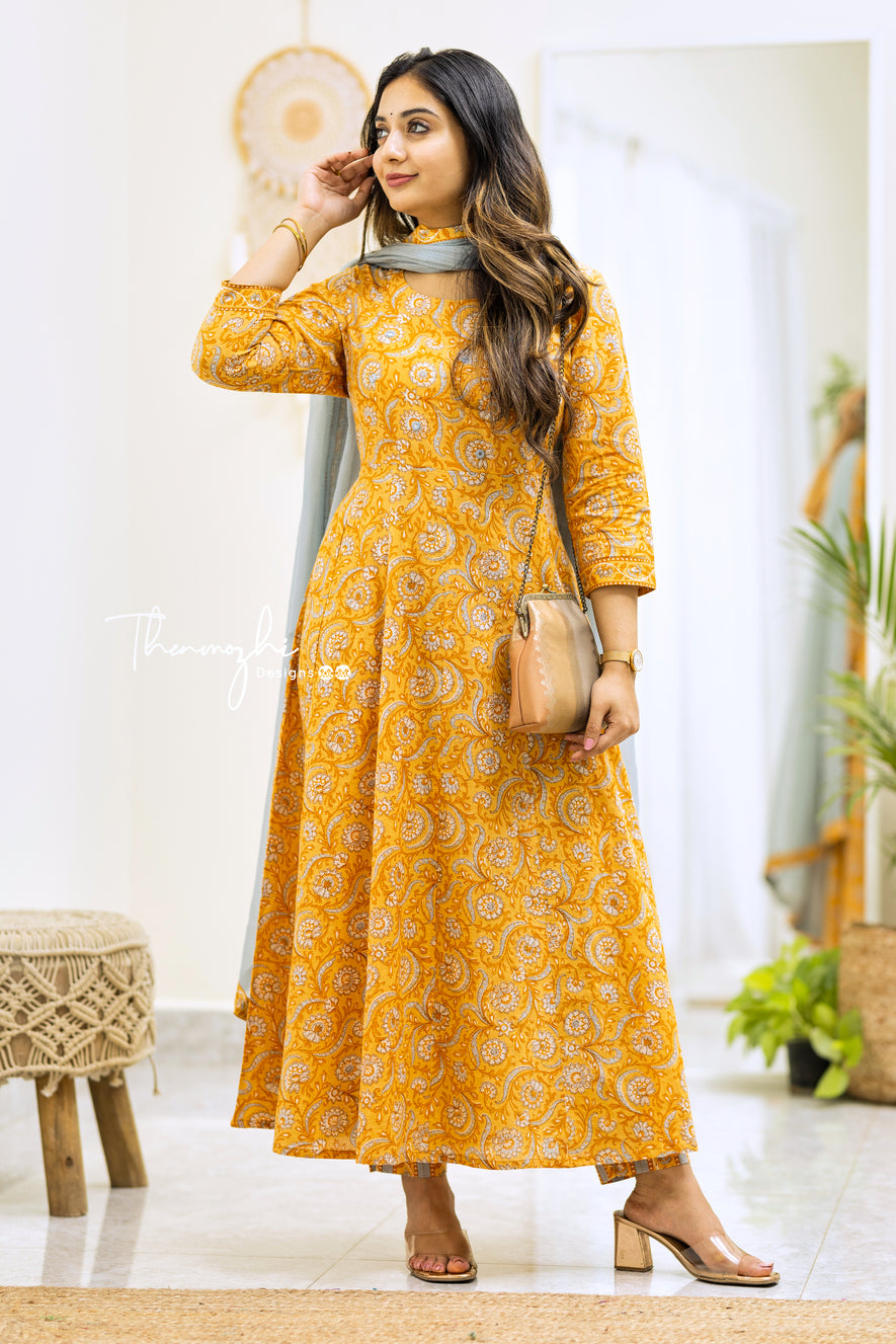 Veena -Mustard Cotton Suit Set With Kota Dupatta