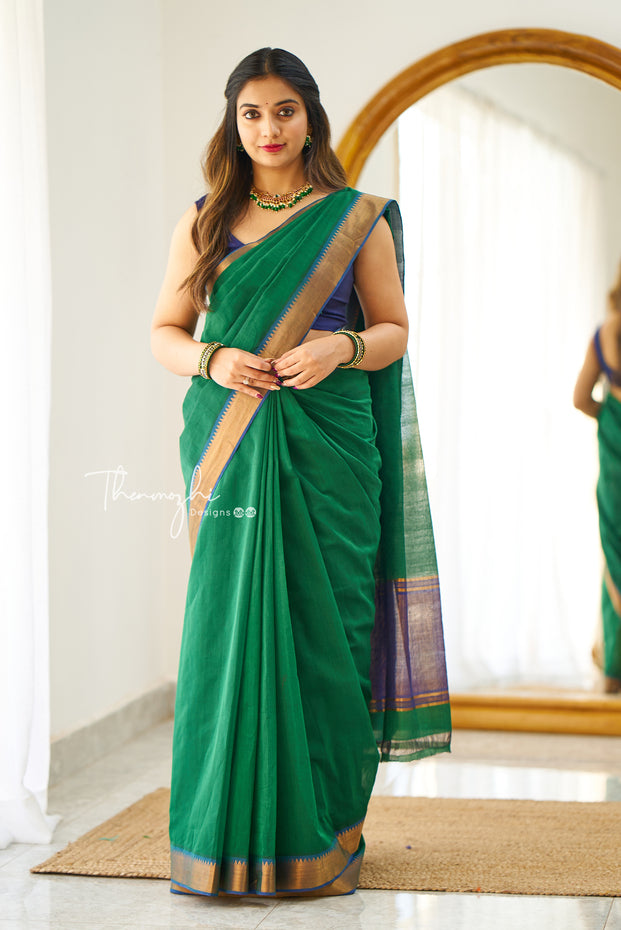 Green (Zari Border) - Mangalagiri Cotton Saree with Zari Border