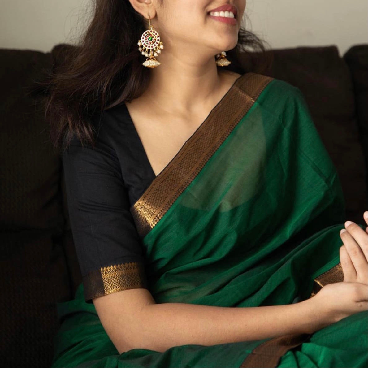 Green - Mangalagiri Cotton Saree with Zari border