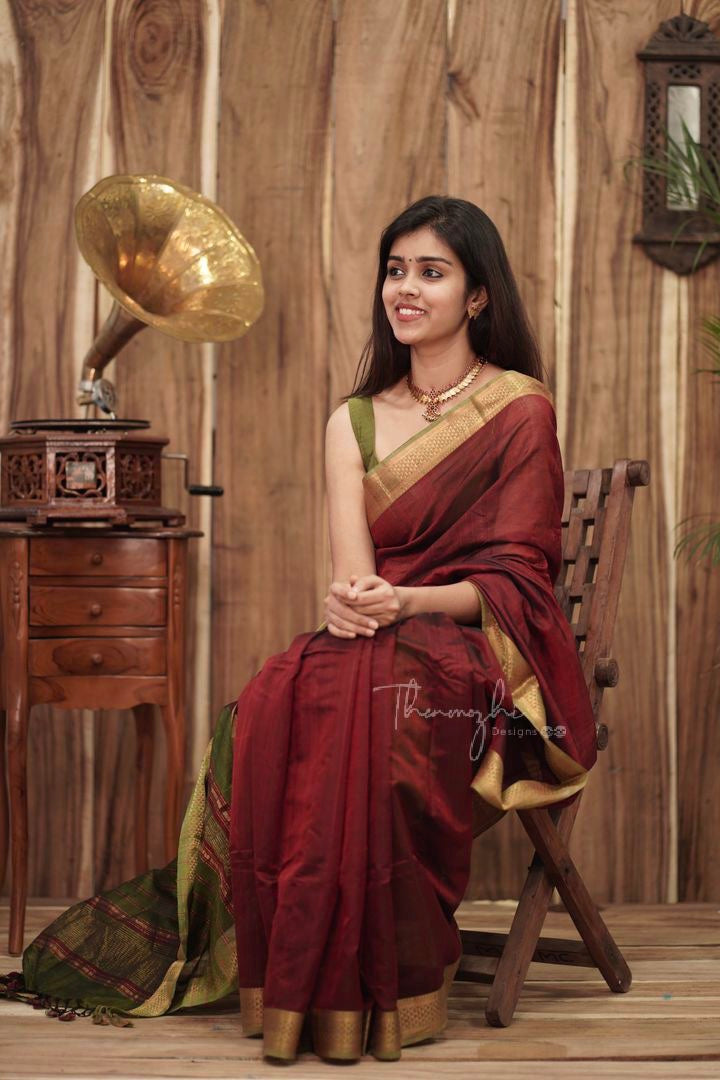 Maroon - Maroon Mangalagiri Silk Cotton Saree