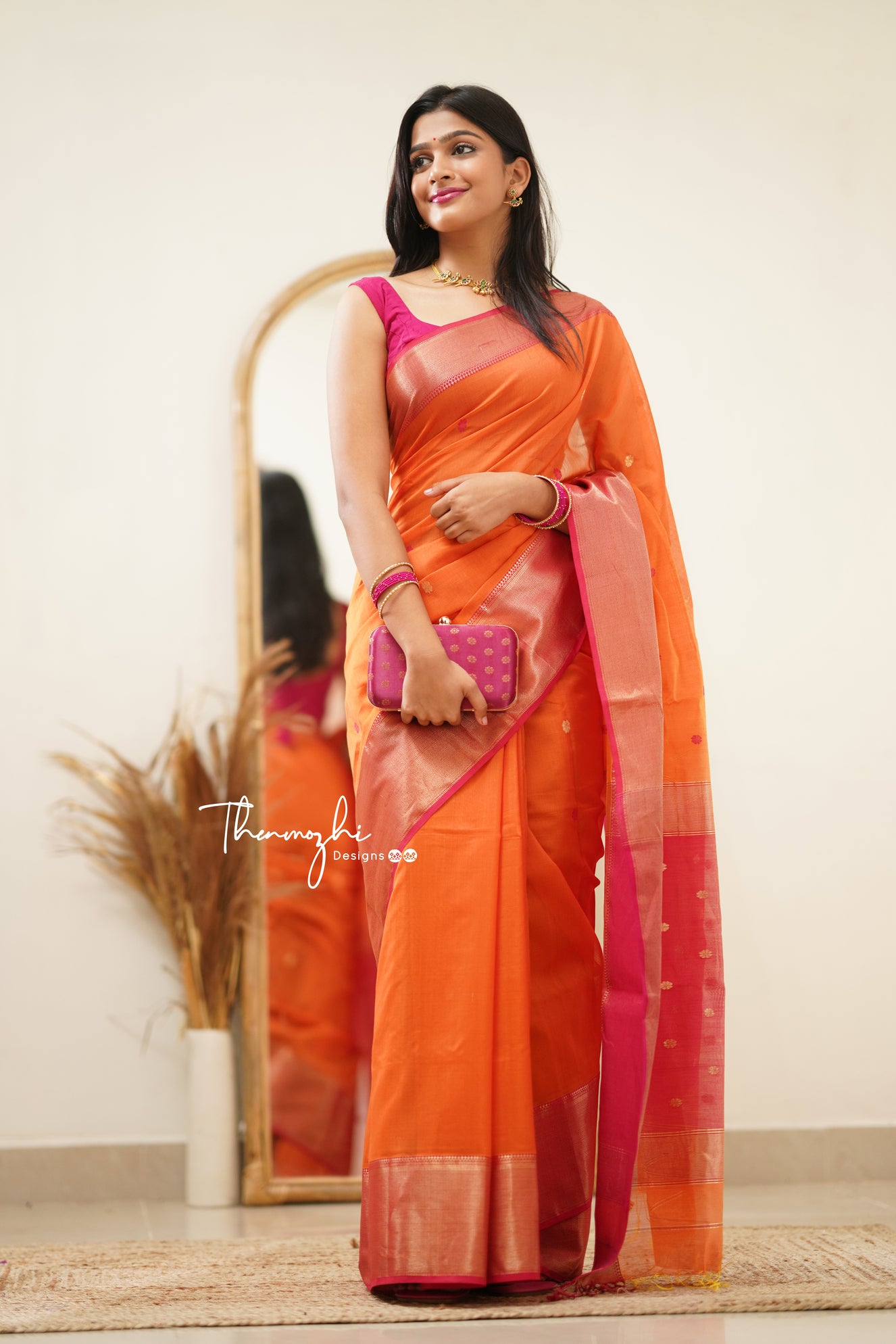 Orange with Pink (Big Border) Maheshwari Silk Handloom Cotton Saree
