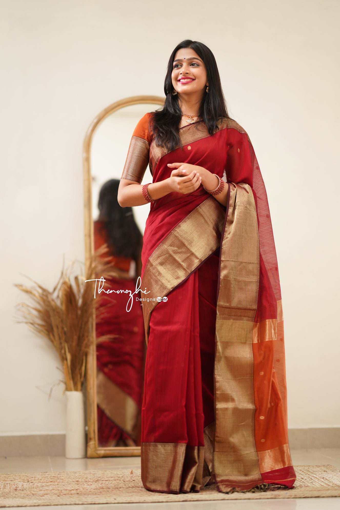 Brick Red with Orange Border Maheshwari Silk Handloom Cotton Saree