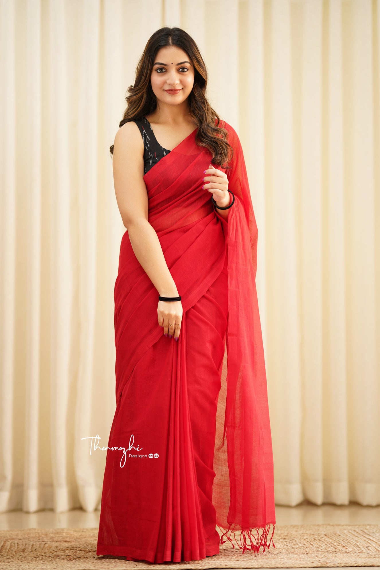 Fire Finch - Red Mangalagiri Plain Cotton Saree