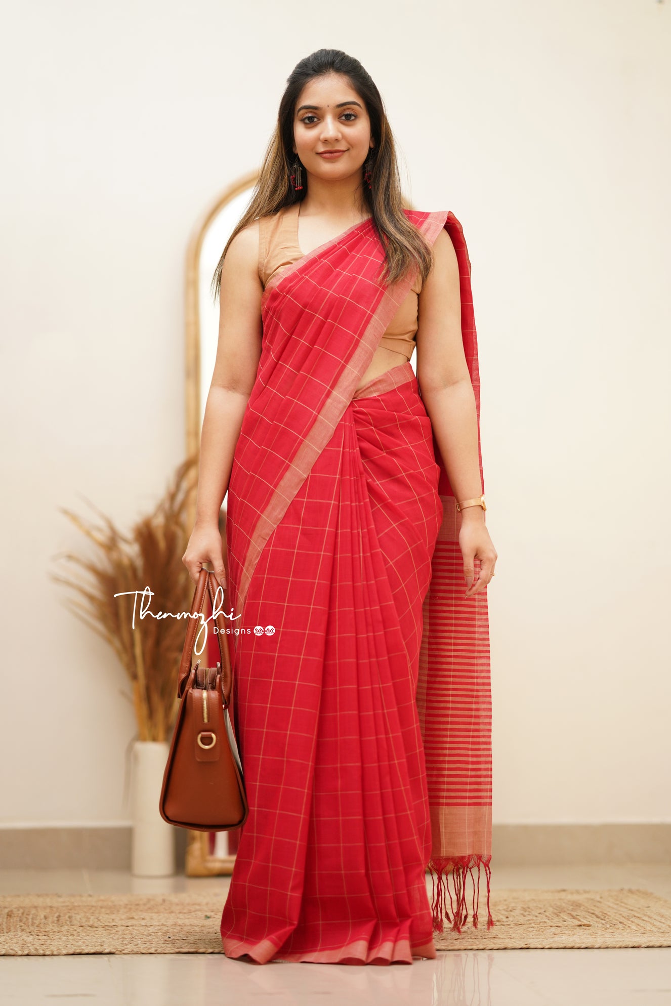 Red & Beige Checks Mangalagiri Cotton Saree