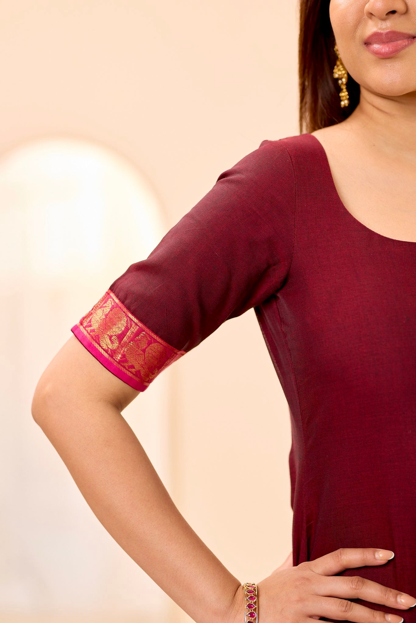 Rich Burgundy with Rani Pink Border Chettinad Top and Dupatta