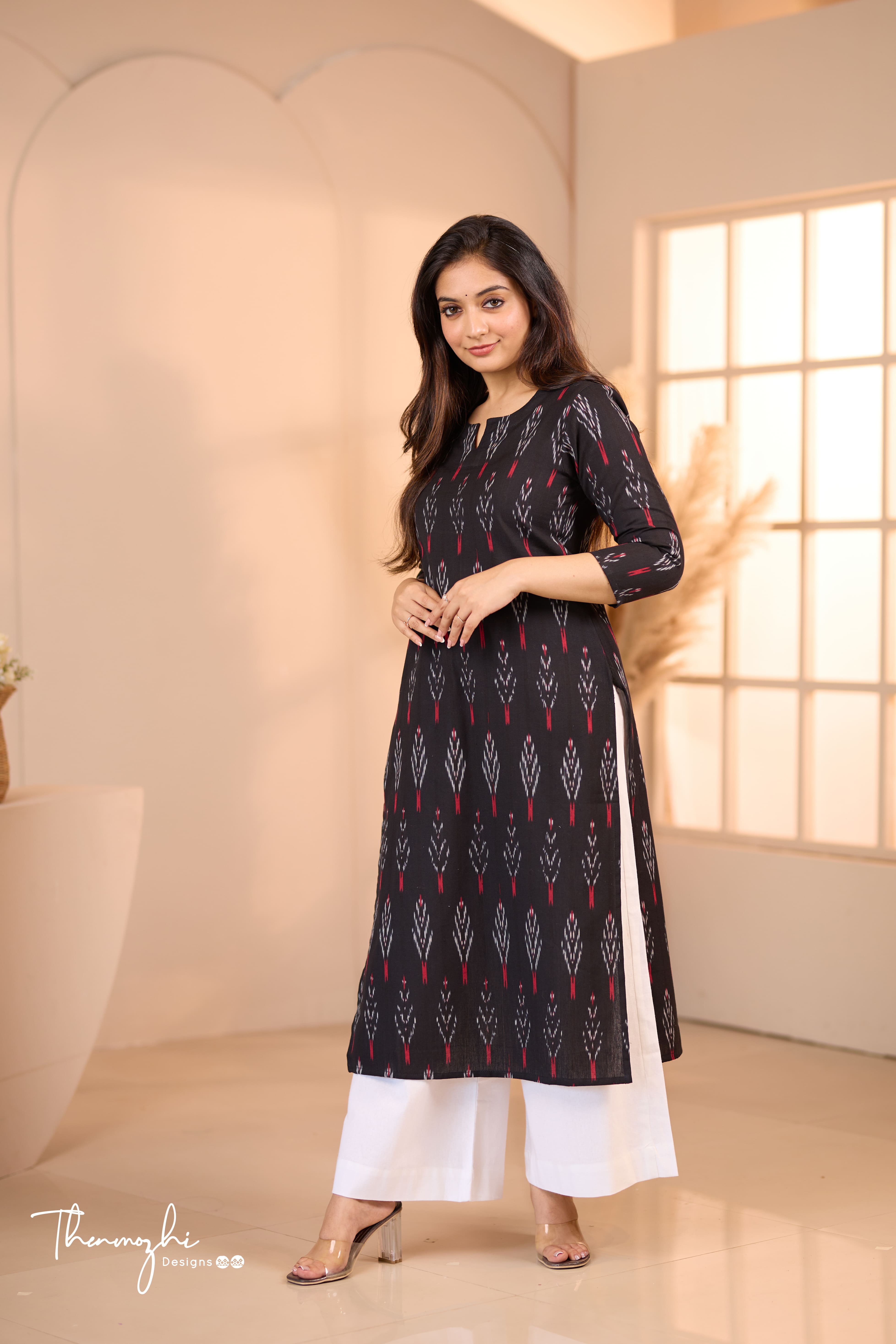 Black and red Ikkat Cotton Kurta