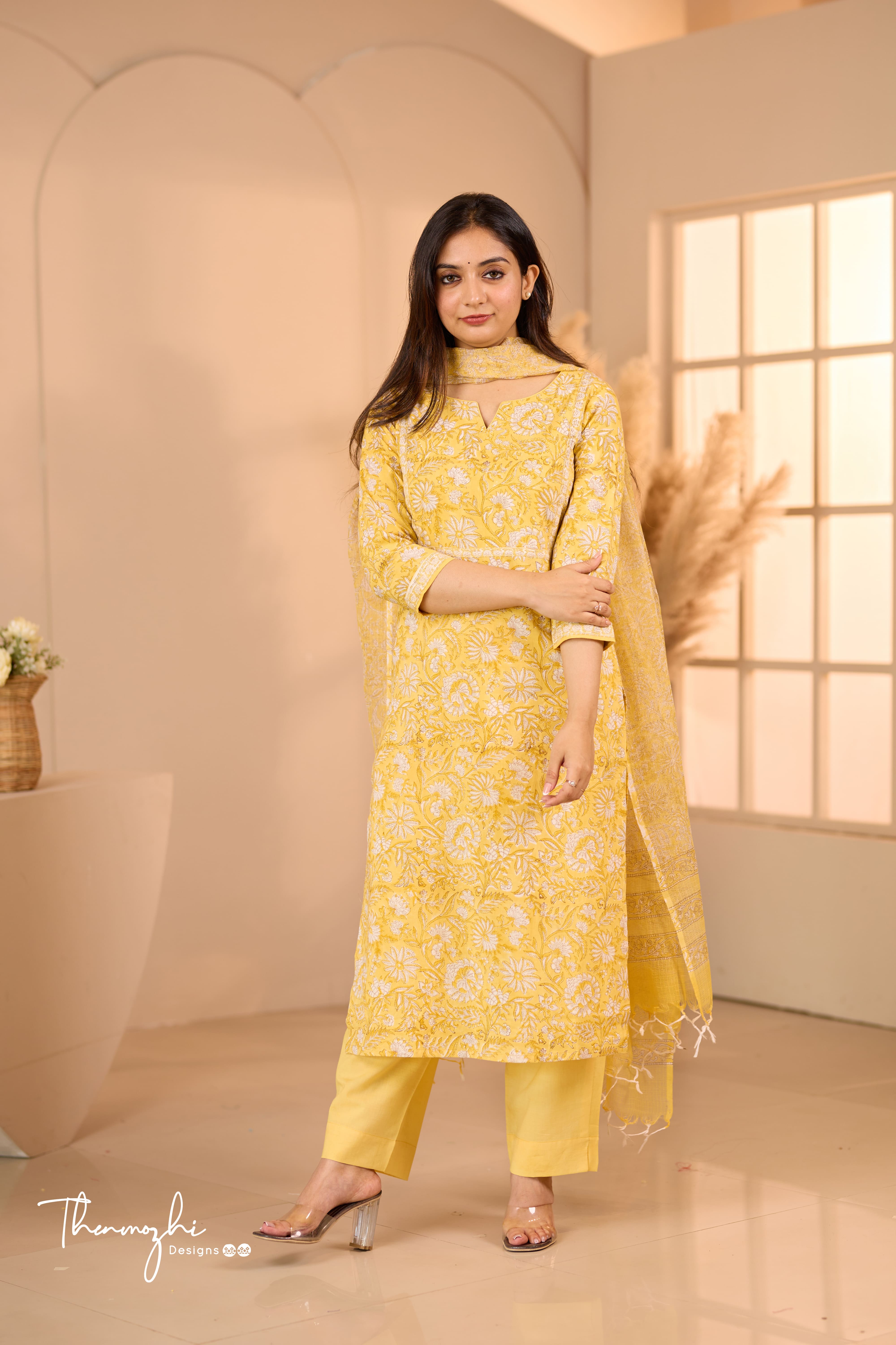 Pastel Yellow - Yellow Cotton Suit Set With Kota Dupatta