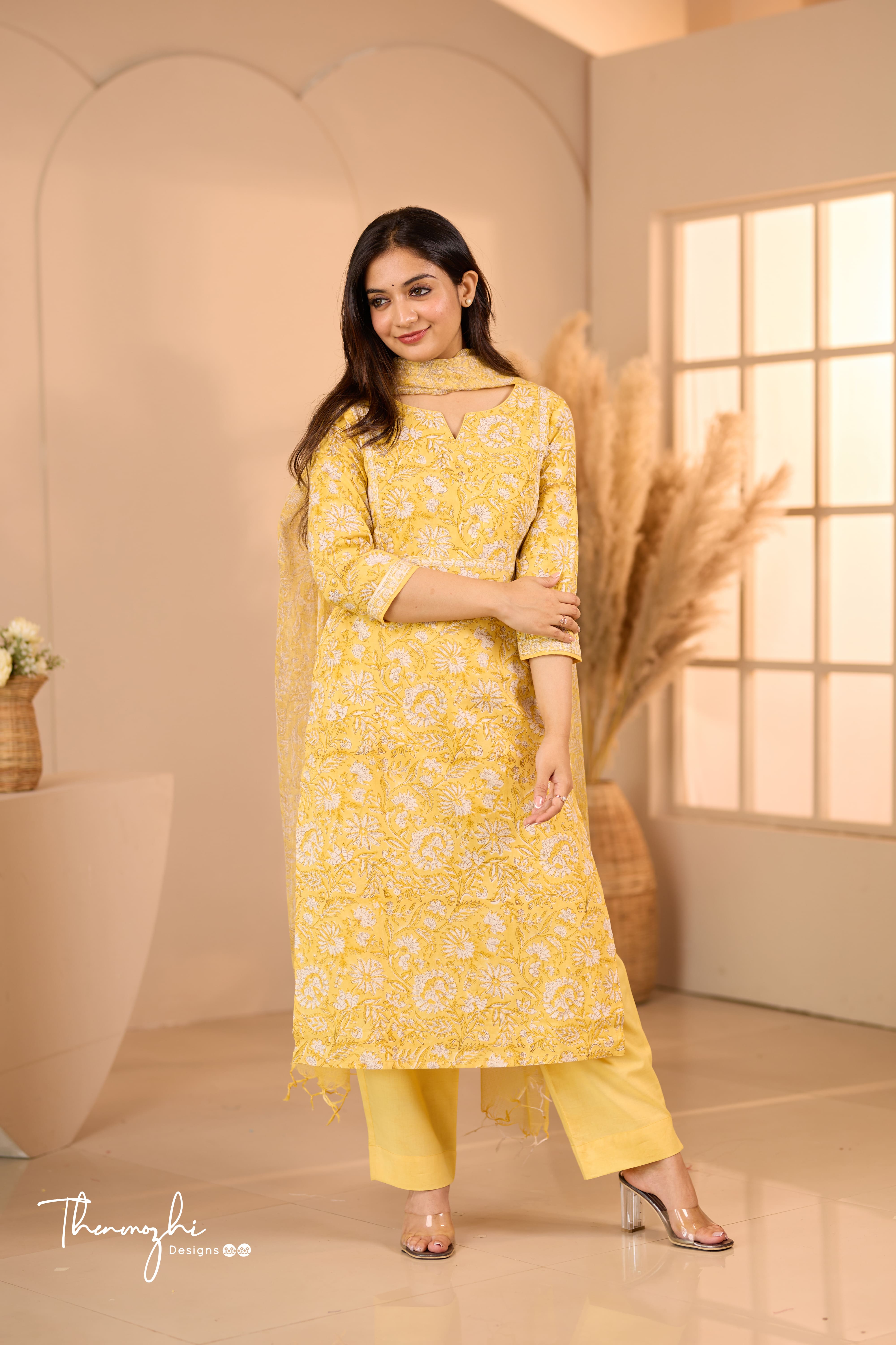 Pastel Yellow - Yellow Cotton Suit Set With Kota Dupatta