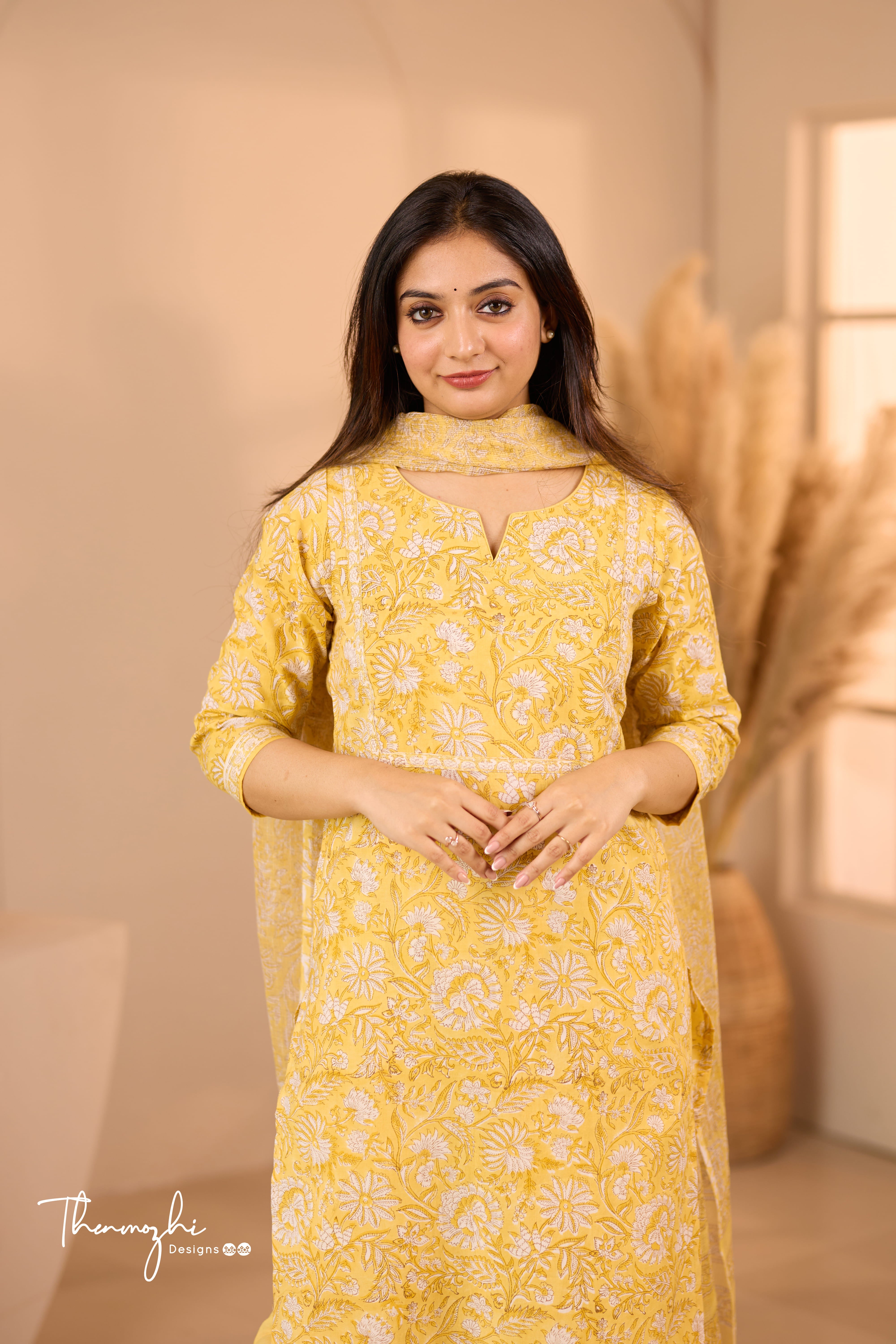 Pastel Yellow - Yellow Cotton Suit Set With Kota Dupatta