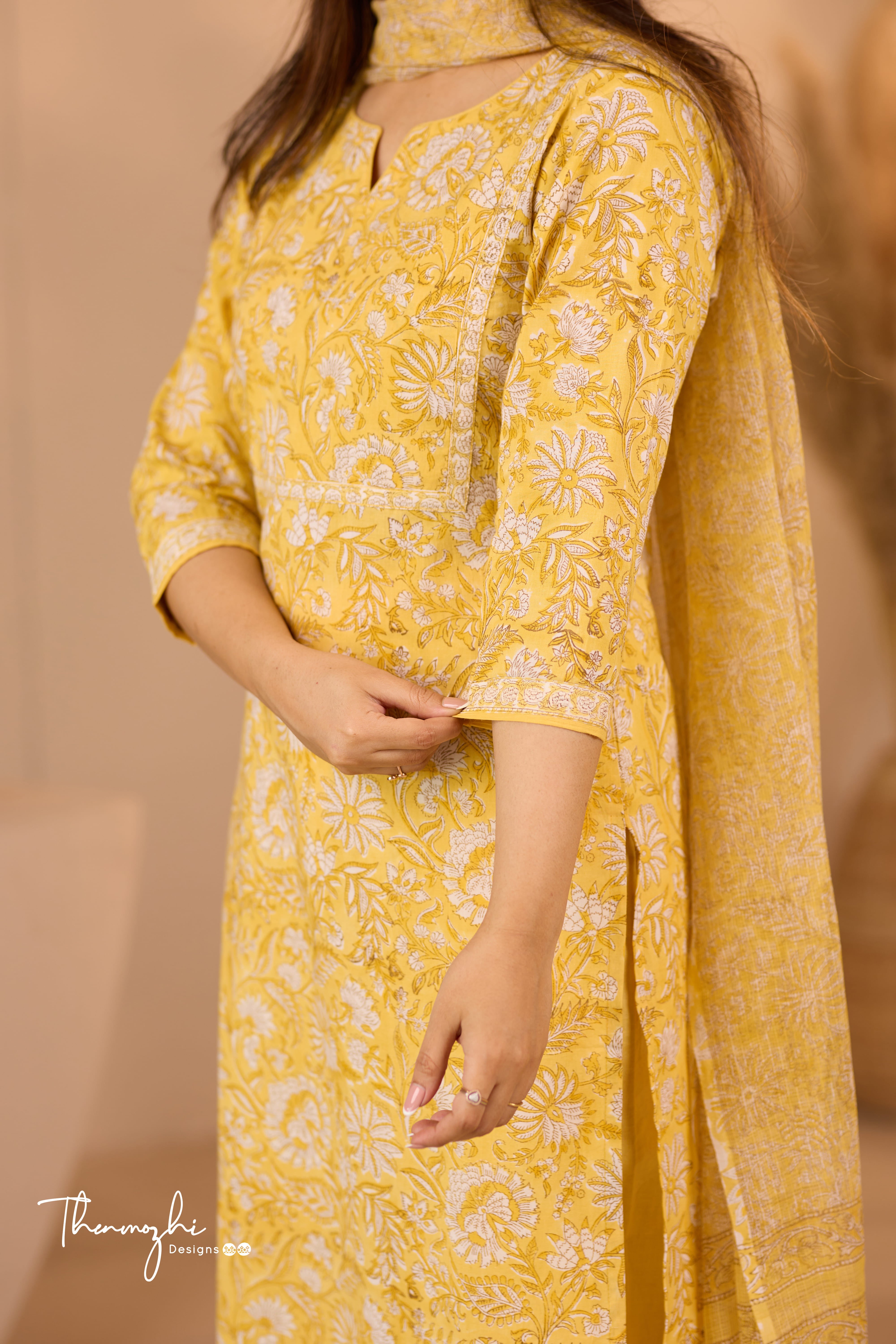 Pastel Yellow - Yellow Cotton Suit Set With Kota Dupatta