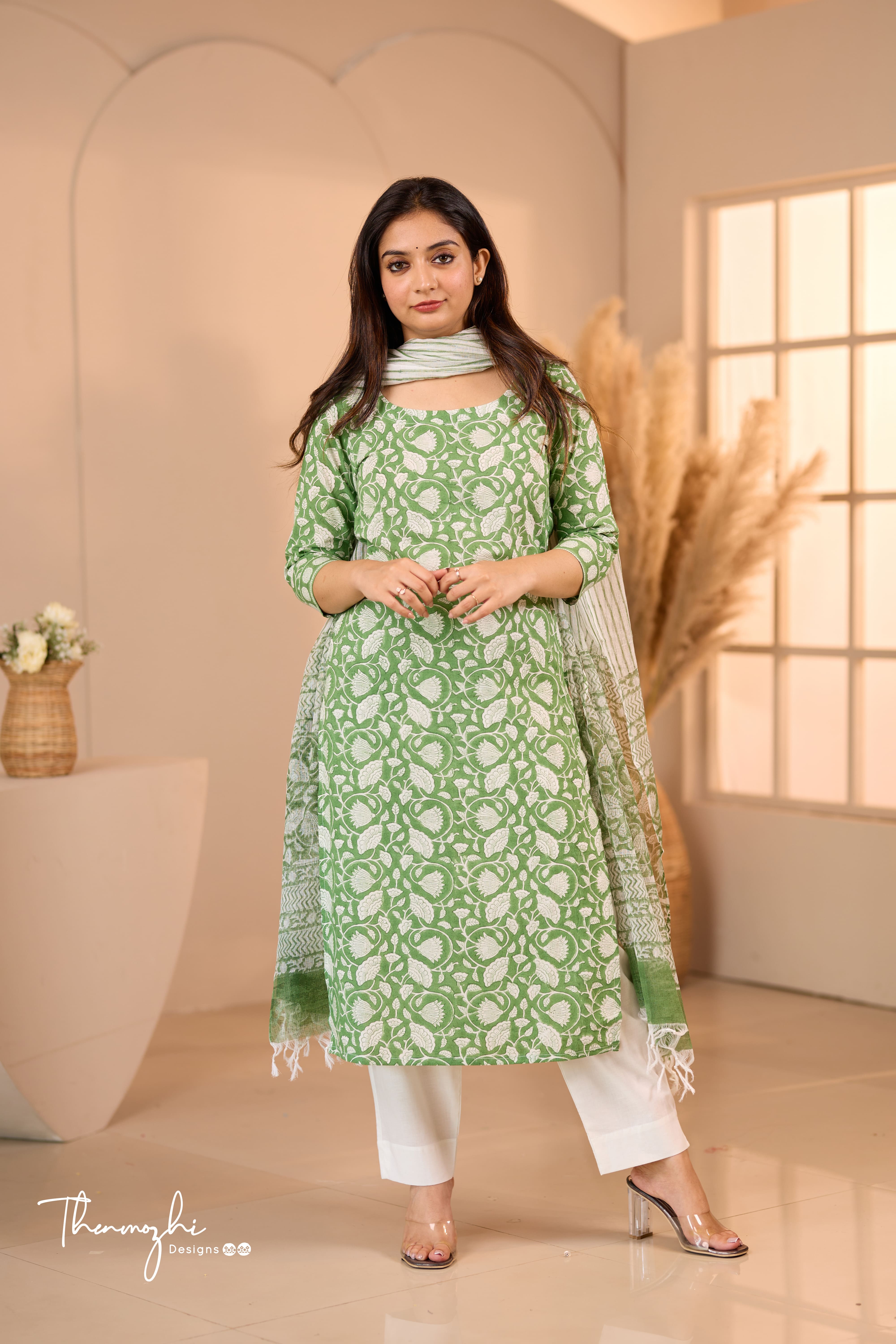 Floral Green - Green Cotton Suit Set With Kota Dupatta