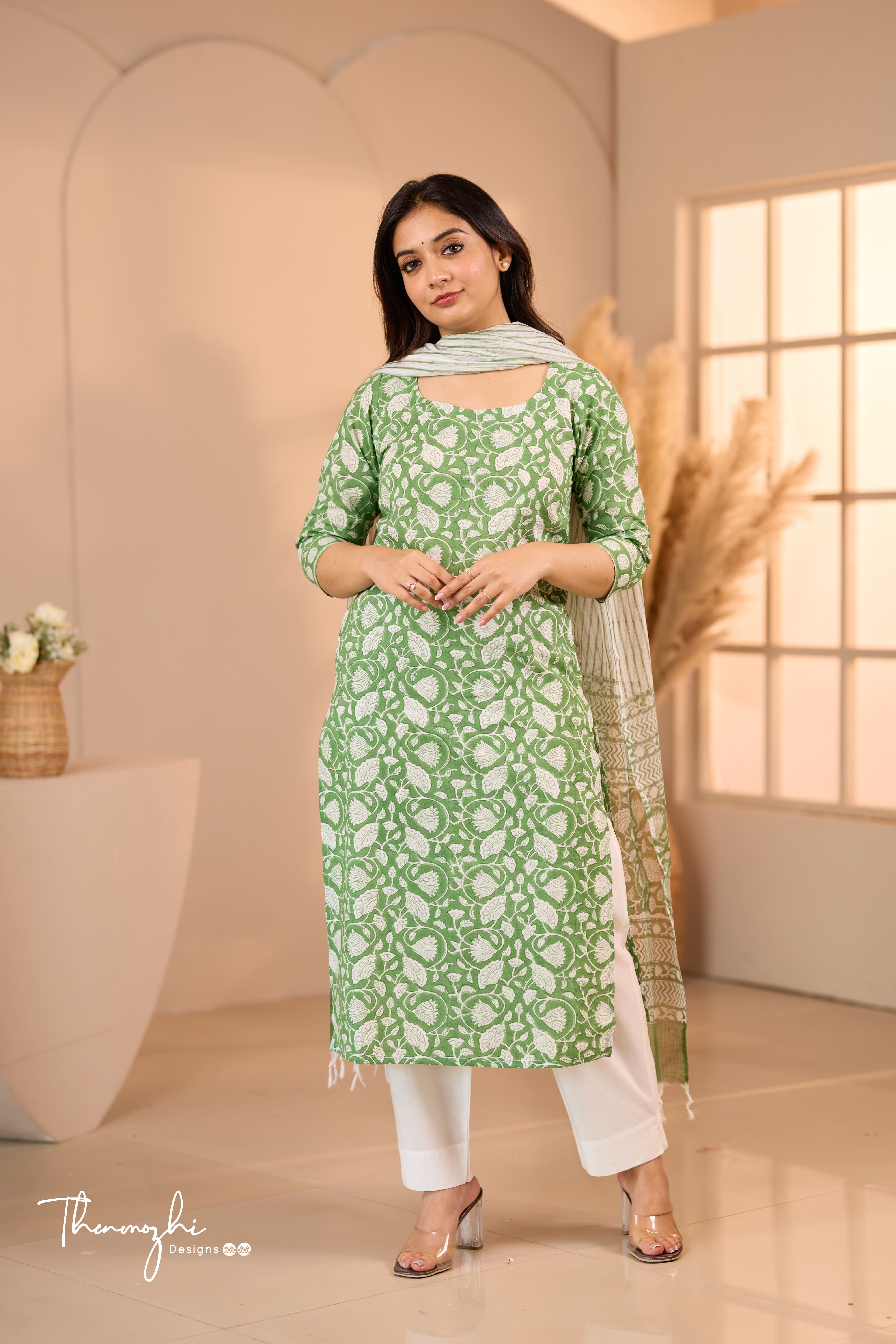 Floral Green - Green Cotton Suit Set With Kota Dupatta