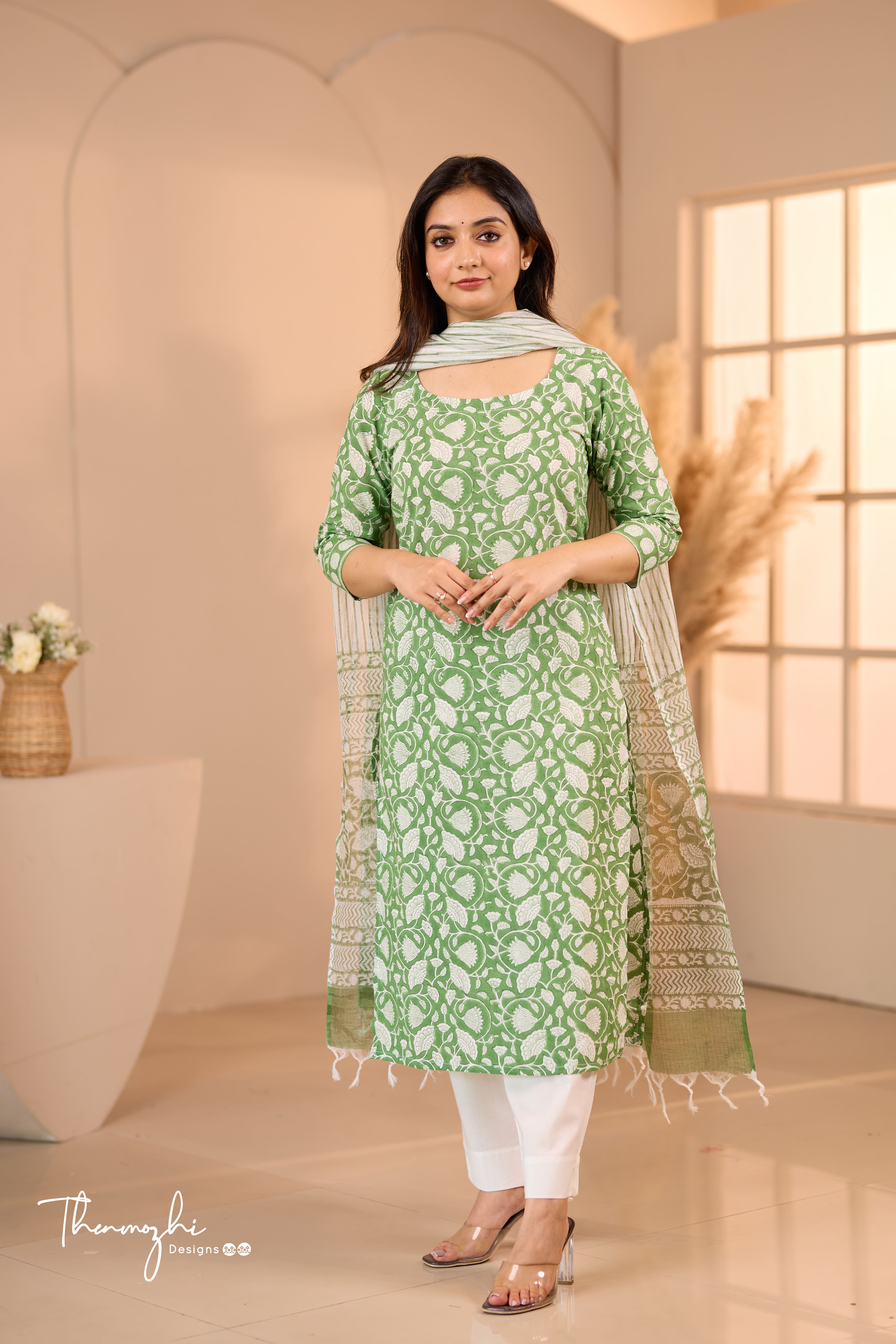 Floral Green - Green Cotton Suit Set With Kota Dupatta