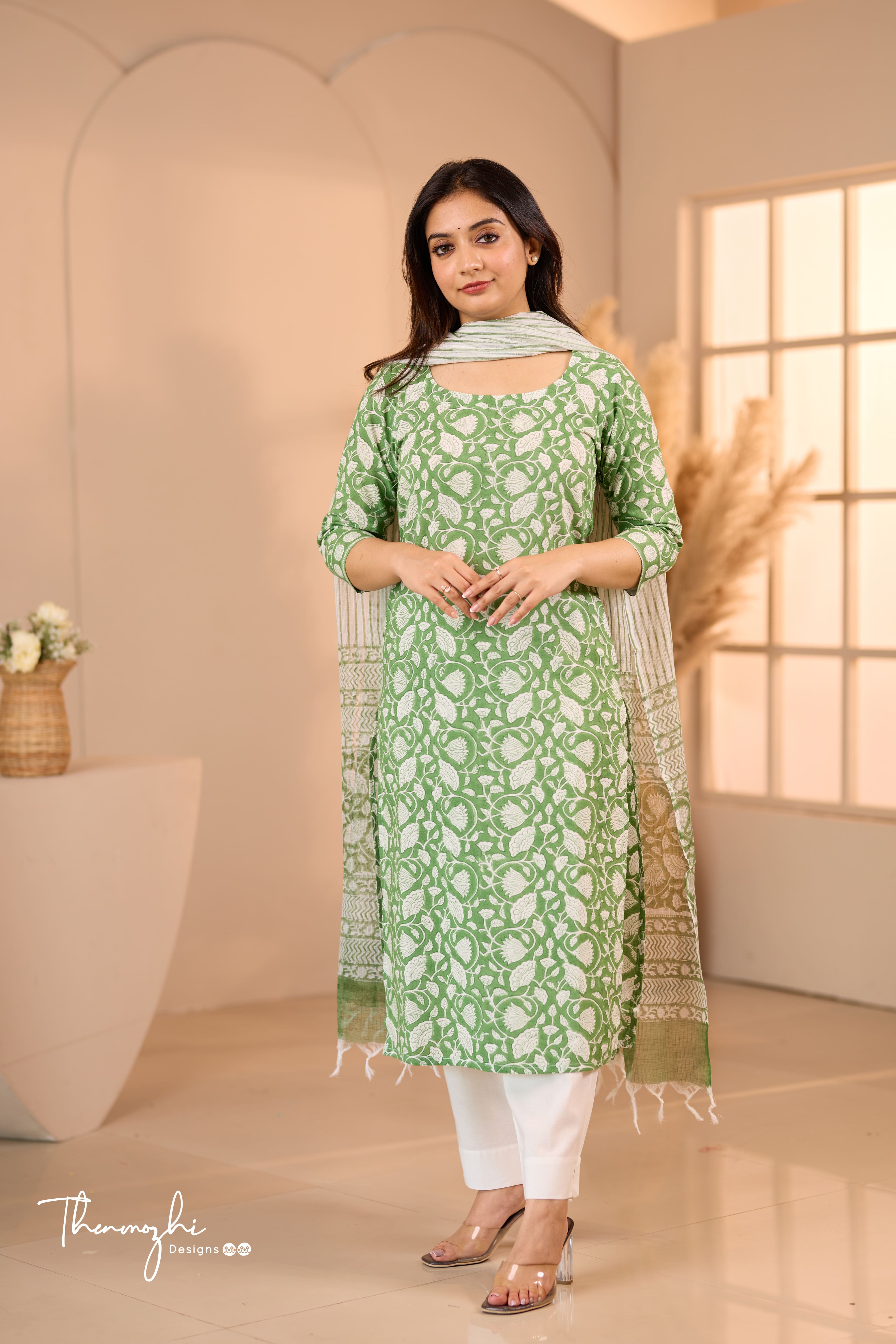 Floral Green - Green Cotton Suit Set With Kota Dupatta