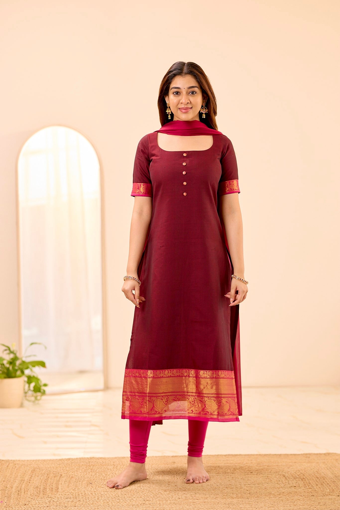 Rich Burgundy with Rani Pink Border Chettinad Top and Dupatta