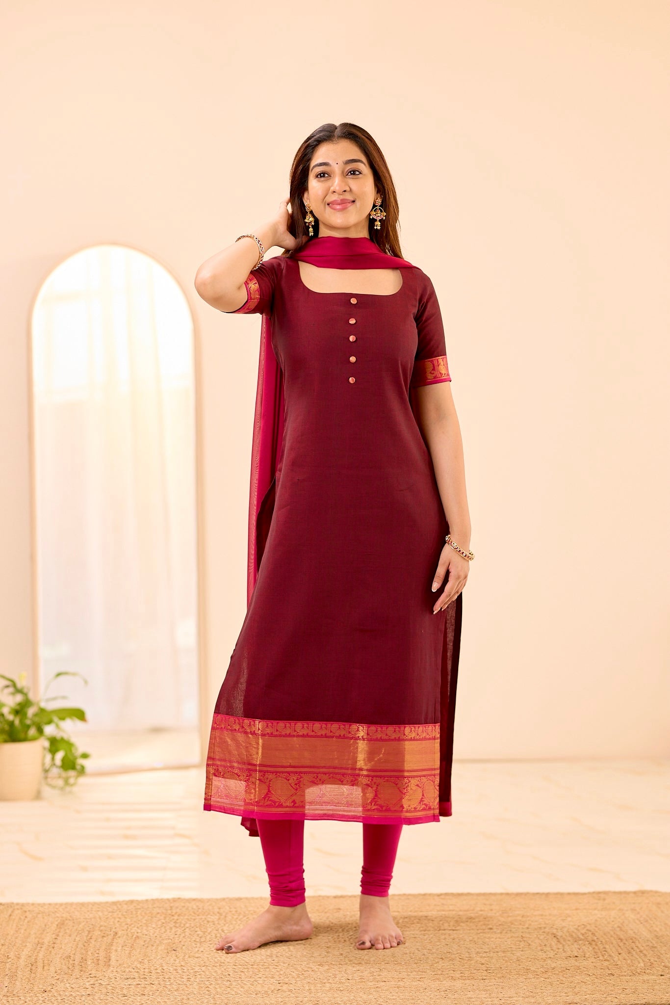 Rich Burgundy with Rani Pink Border Chettinad Top and Dupatta