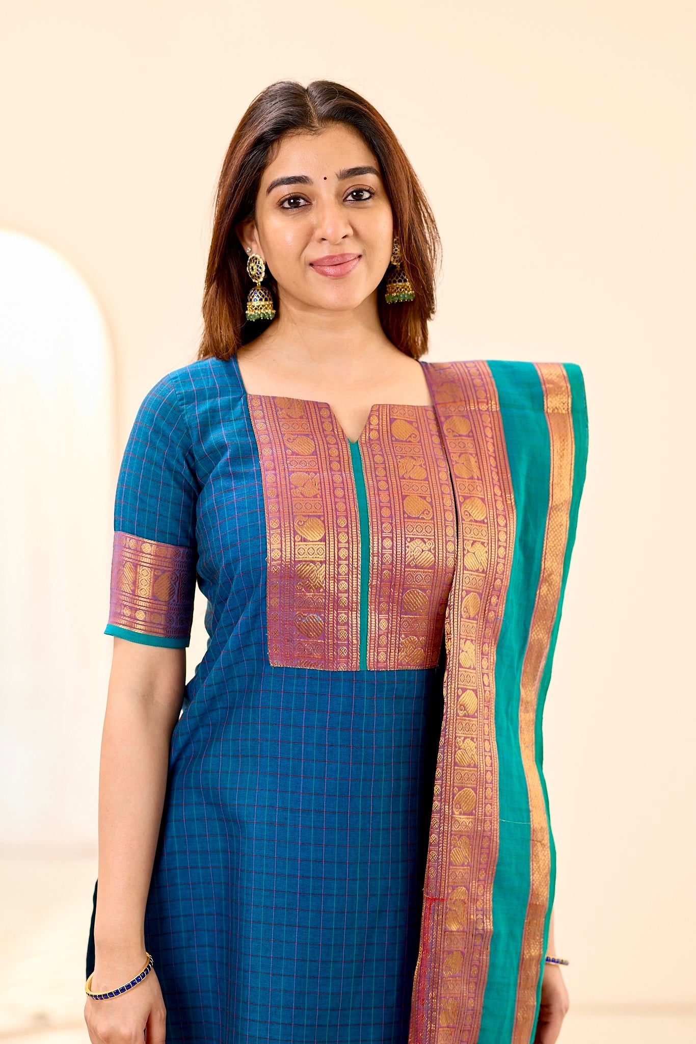 Peacock Blue Checks with Teal Green Border Chettinad Cotton Top and Dupatta