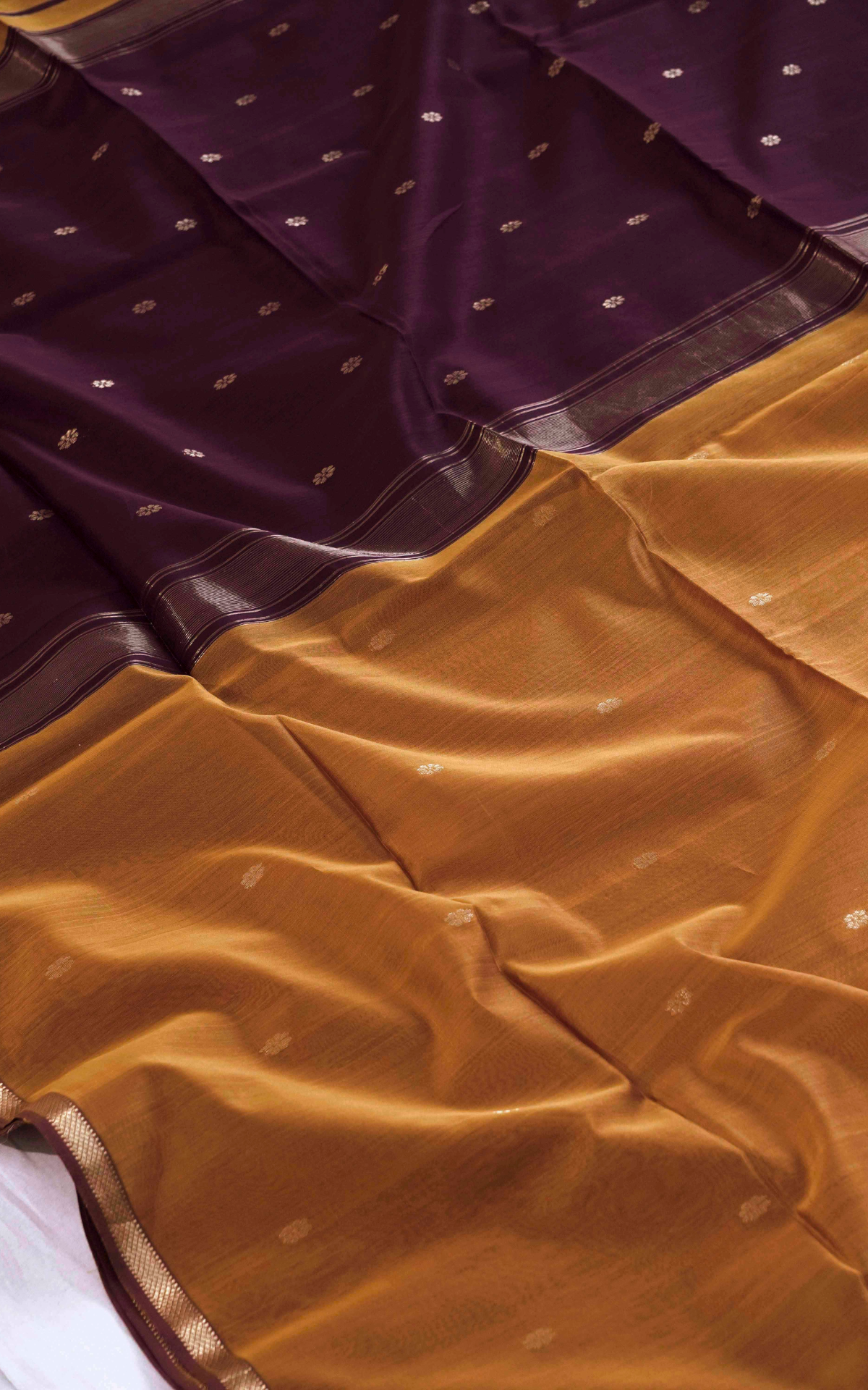 Ethnic Deep Mustard and Brown Maheshwari Silk Cotton Saree