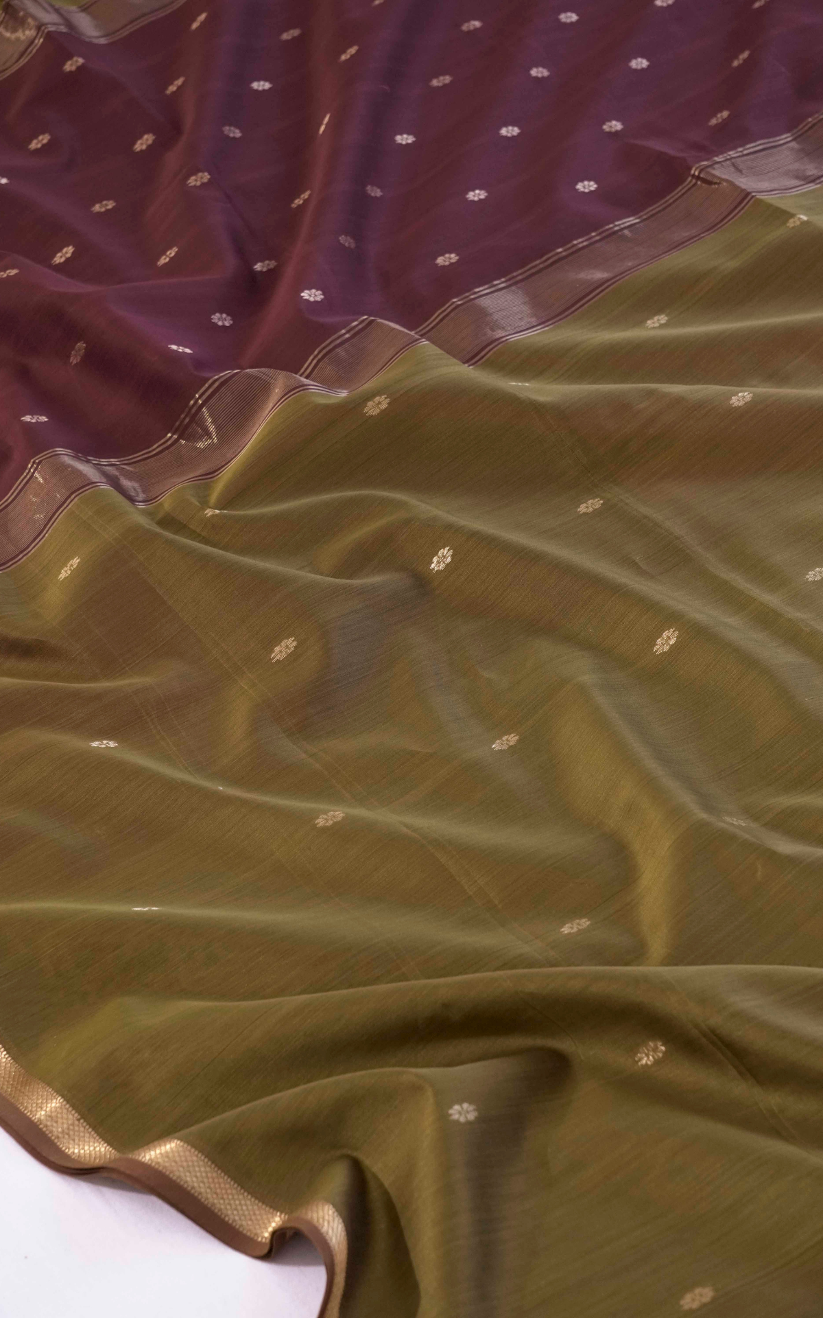 Ethnic Dusky Olive and Brown Maheshwari Silk Cotton Saree