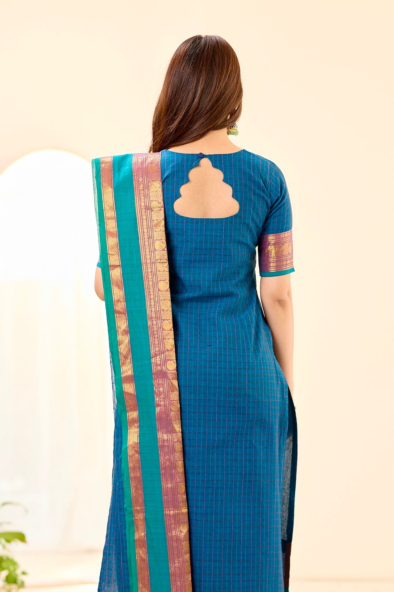Peacock Blue Checks with Teal Green Border Chettinad Cotton Top and Dupatta