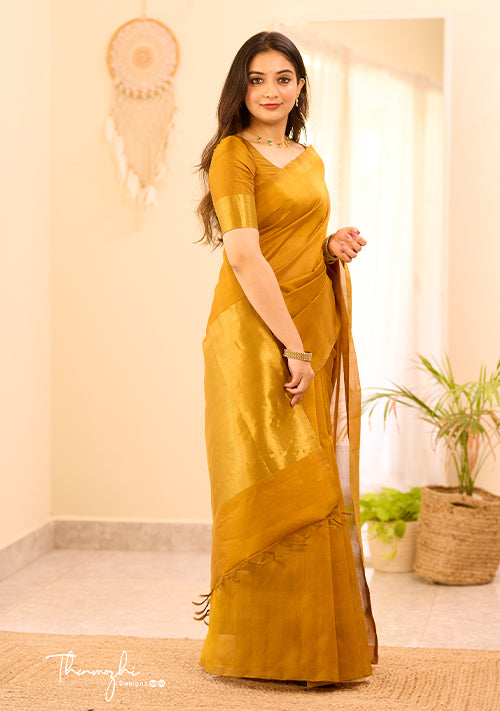 Kanchi Silk Cotton Mustard Yellow Saree